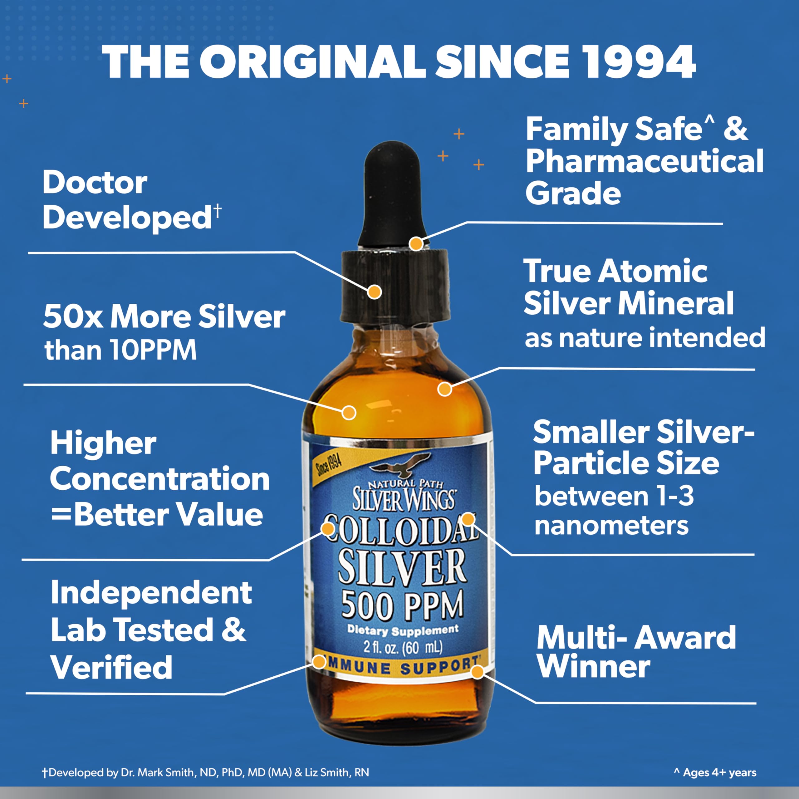 Natural Path Silver Wings Colloidal Silver 500PPM, Amber Brown Liquid Immune Support, 1 Fl Oz (Pack of 1)