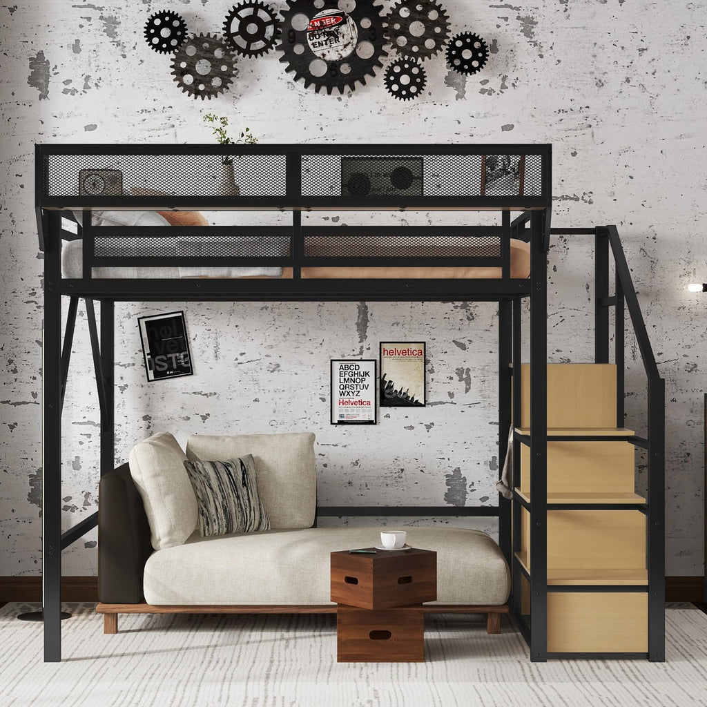 Mirightone Full Size Loft Bed with Stairs, Metal Loft Beds, High Loft Bed Frame with Storage Shelves, Lofted Full Bed with Wardrobe for Kids and Teens, No Box Spring Needed (Black)