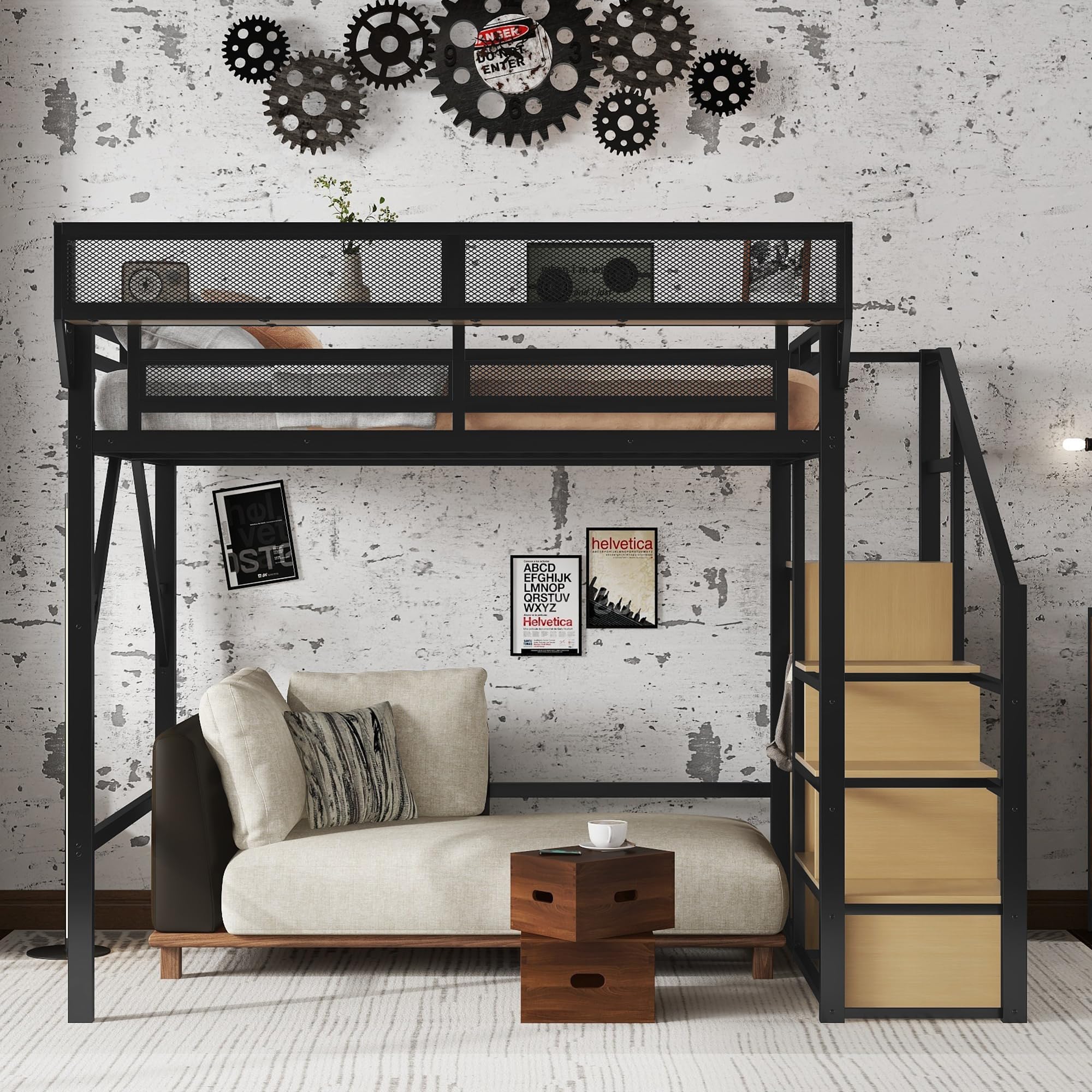 Mirightone Full Size Loft Bed with Stairs, Metal Loft Beds, High Loft Bed Frame with Storage Shelves, Lofted Full Bed with Wardrobe for Kids and Teens, No Box Spring Needed (Black)