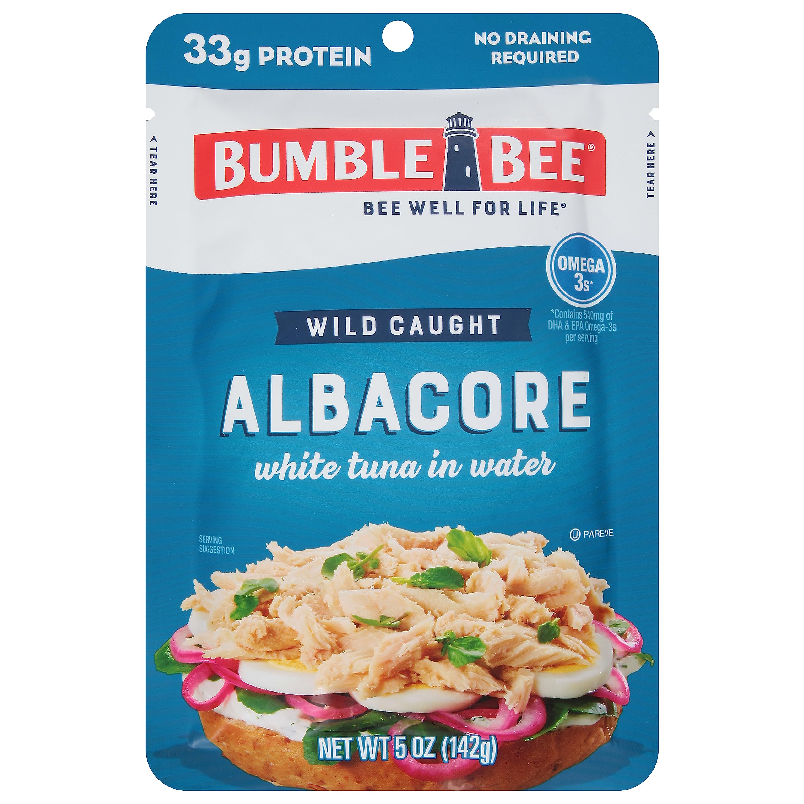 Bumble Bee Lemon & Garlic Seasoned White Albacore Tuna in Water, 2.5 oz Pouch - Wild Caught Tuna - 15g Protein per Serving, High in Omega-3s - Non-GMO, Gluten Free - No Draining Required