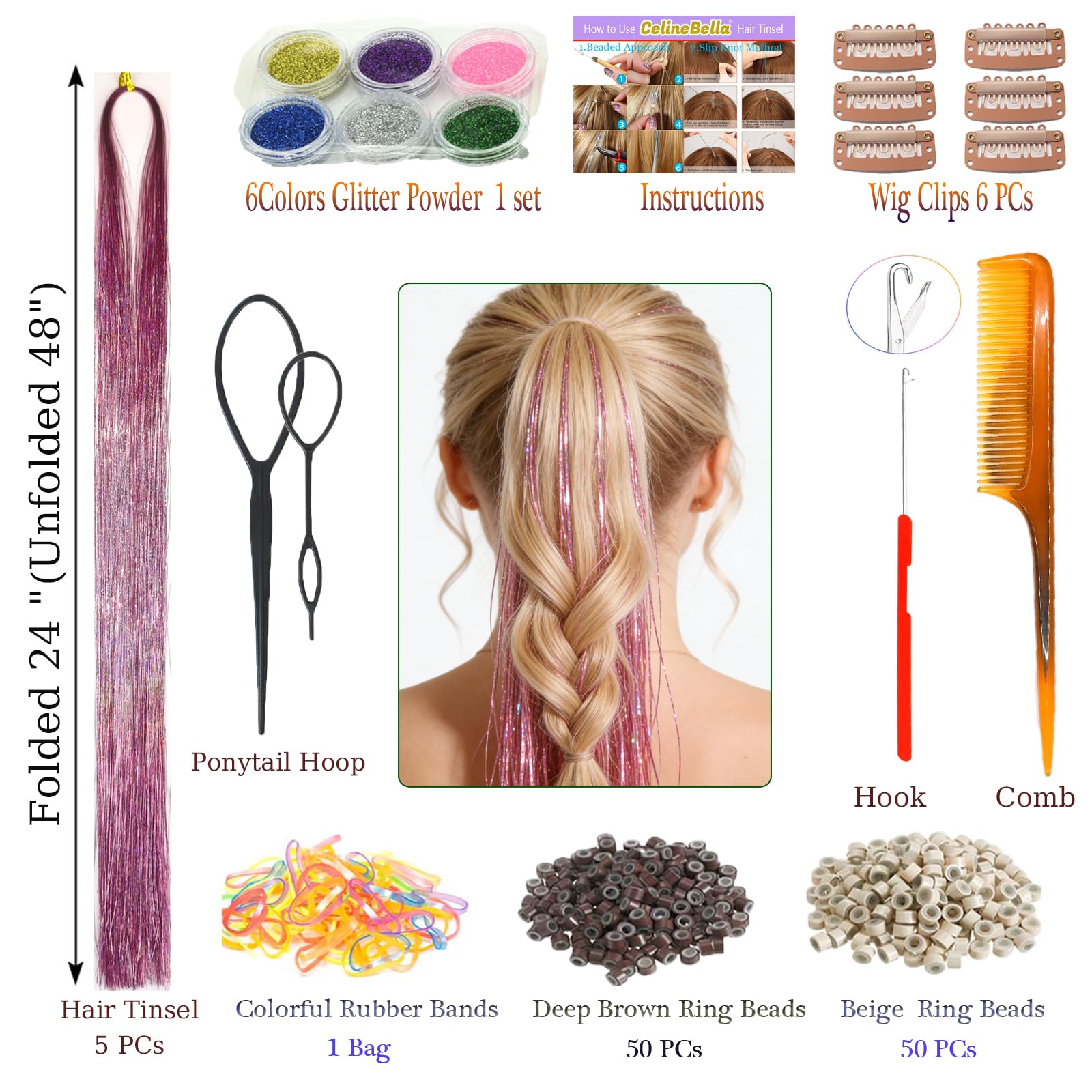 Celinebella Bubblegum Pink Hair Tinsel, 48" 1250 Strands Bright Shimmer | Vibrant hot pink bubblegum tone, youthful energetic, heat resistant, great for prom concerts birthday parties events