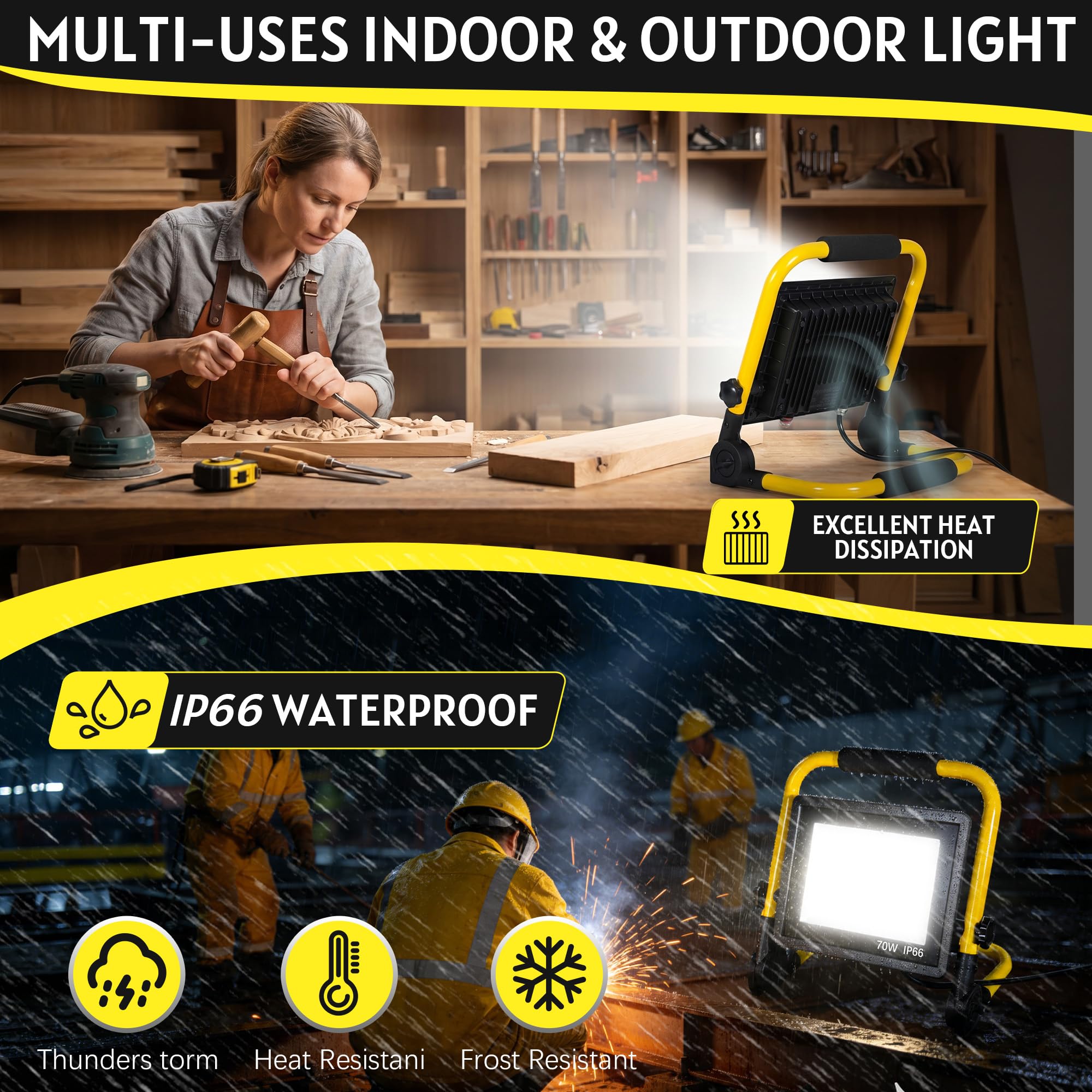 10000LM LED Work Light: Portable Work Light with 5FT Cord, IP66 Waterproof Flood Light for Garage Workshop Job Site Construction Indoor Outdoor Lighting, Tool Gifts for Men Him Husband