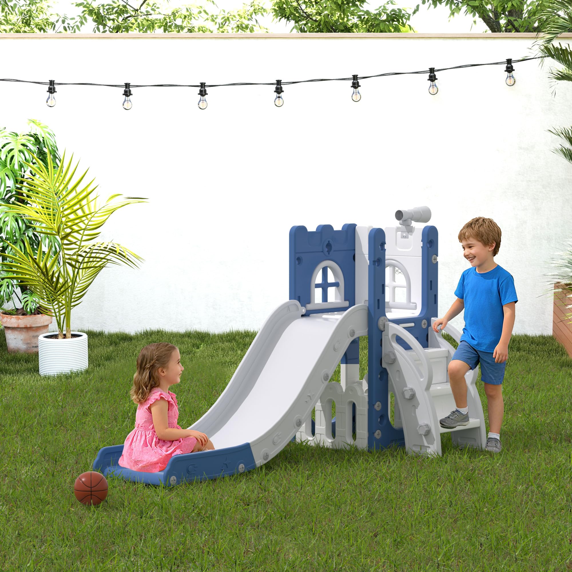 LulliSpace 6 in 1 Toddler Slide,Kids Playset for Toddlers Indoor Outdoor, Baby Slide with Basketball Hoop, Telescope & Storage Space,Non-Slip Steps for Great Gift