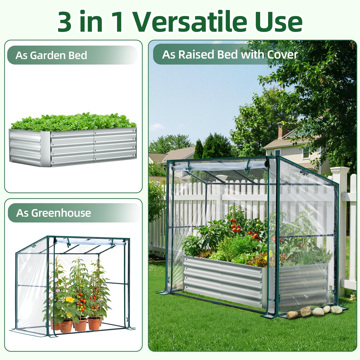 Ohuhu 8x4x1 FT Raised Garden Bed with Cover, 3-in-1 Galvanized Metal Planter Box with Greenhouse for Outdoor Plants, Dual-Side Access for Easy Plant Care, All-Season Frost & Pest Protection