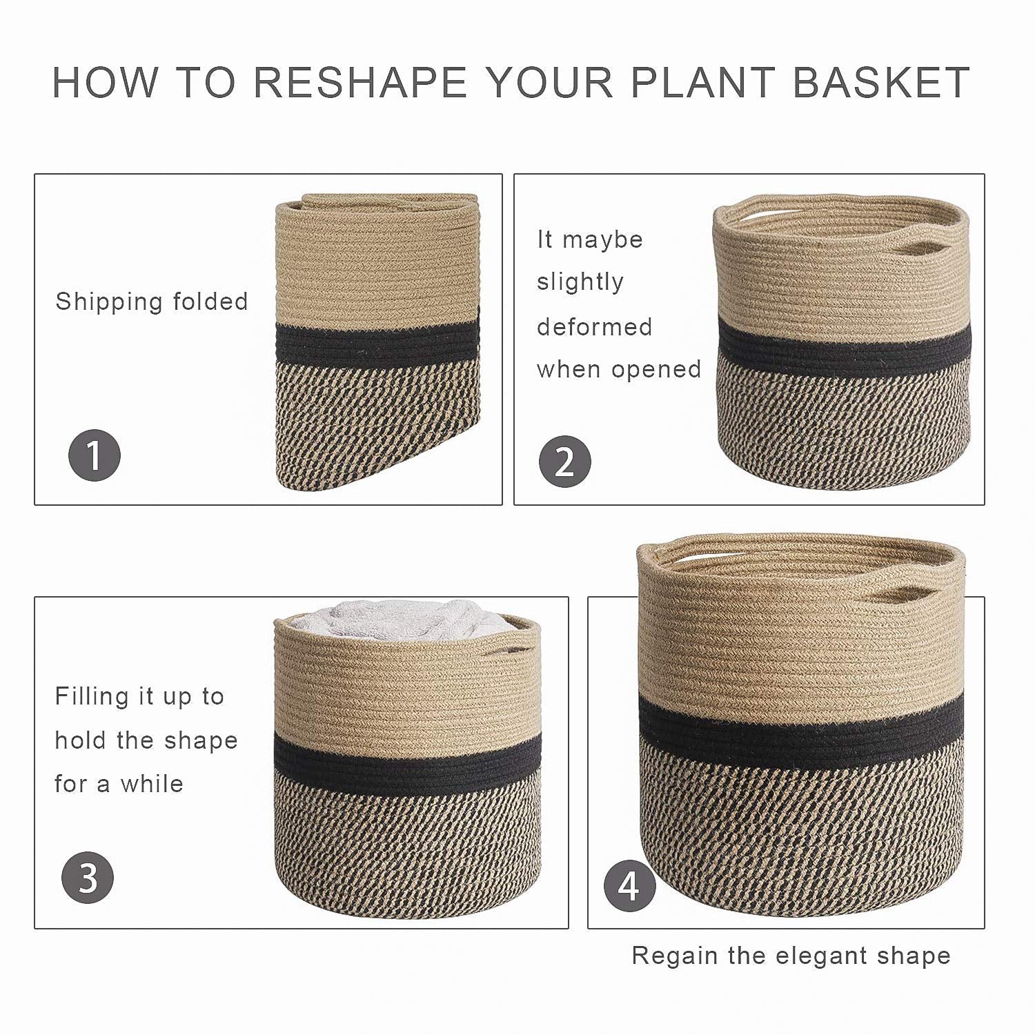 TIMEYARD Sturdy Jute Rope Plant Basket Modern Woven Basket up to 7.5 Inch Flower Pot Floor Indoor Planters, 8” x 8” Storage Organizer Baskets Rustic Home Decor, Black Stripes