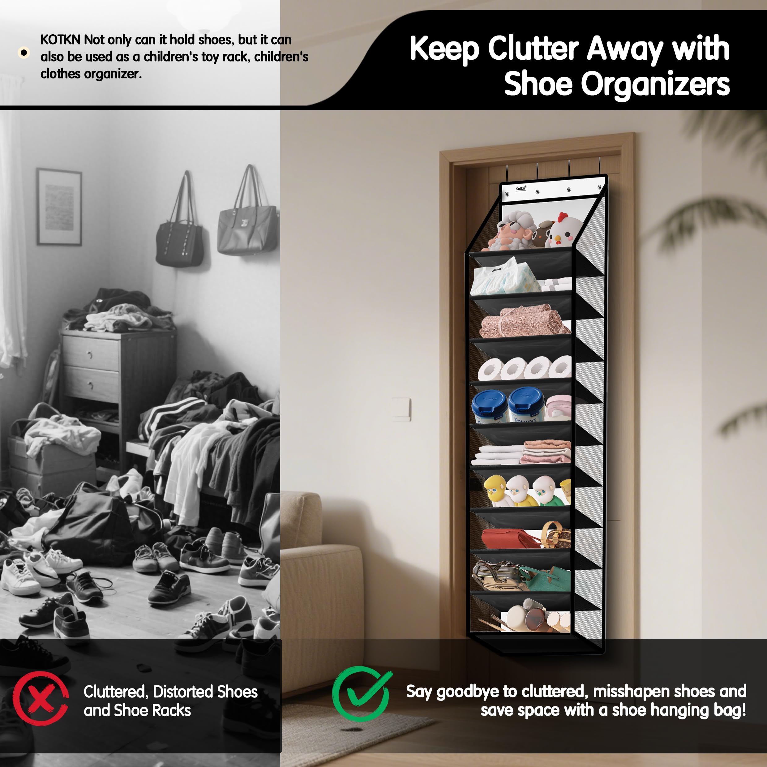 Kotkn 10 Tier Over The Door Organizer - Heavy Duty Hanging Storage Rack with Sturdy Oxford Fabric, Holds 20+ Pairs of Footwear, Boots & Sneakers, Saves 50% Closet Space(Beige)