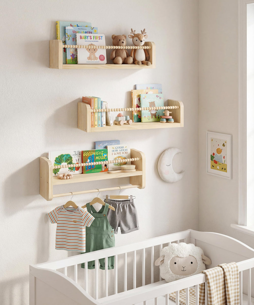 Nursery Book Shelves for Wall Set of 3, Natural Wood Bookshelves Wall Decor, Small Floating Shelf Organizer for Kids Room, Bedroom, Kitchen Spice Rack