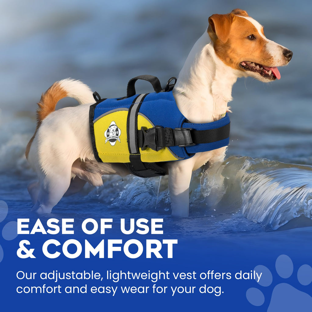 Dog Life Jacket — Premium Swim Vest with SafeChin Anti-Choke Collar | PAWS Aboard Blue & Yellow | RapidLift Rescue Handle, D-Ring, Reflective Trim | Boating, Kayaking, Pool | XX-Small (Under 6 lbs)