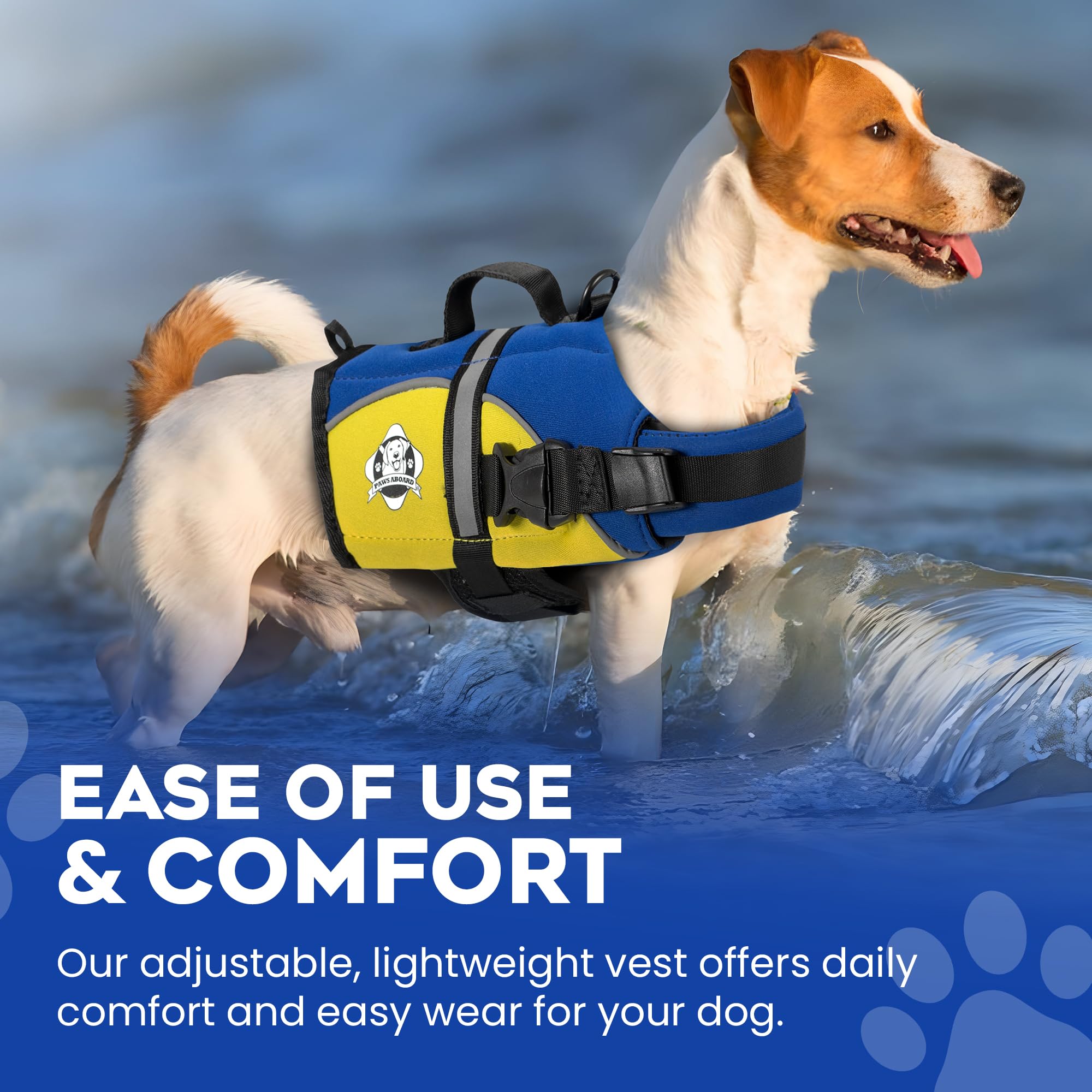 Dog Life Jacket — Premium Swim Vest with SafeChin Anti-Choke Collar | PAWS Aboard Blue & Yellow | RapidLift Rescue Handle, D-Ring, Reflective Trim | Boating, Kayaking, Pool | XX-Small (Under 6 lbs)