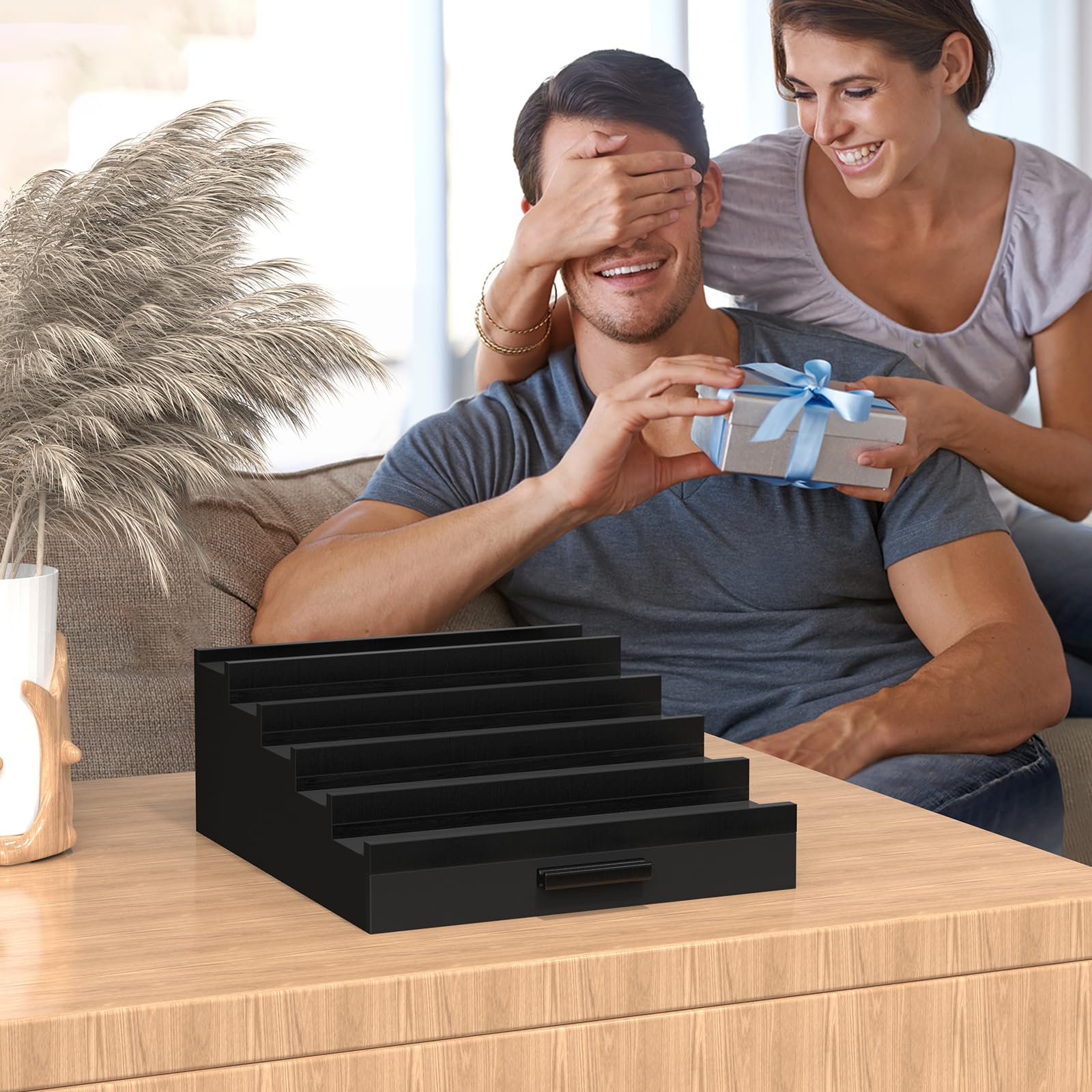 Wooden Cologne Organizer for Men 4 Tier of Perfume Display Holder of Drawer & 2 Hidden Compartments Larger Storage Space Mens Perfume Organizer Shelf Stand,Gift for Man (4T-Black Walnut)