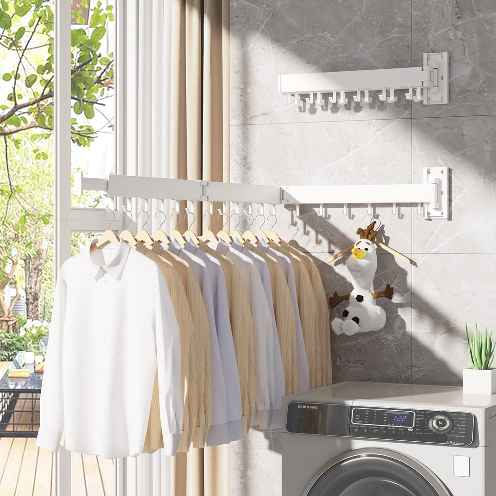 HEILAIYI Clothes Drying Rack for Laundry,Wall Mounted Clothes Hanger Rack,Folding,Retractable,Collapsible(J Shape Hooks)