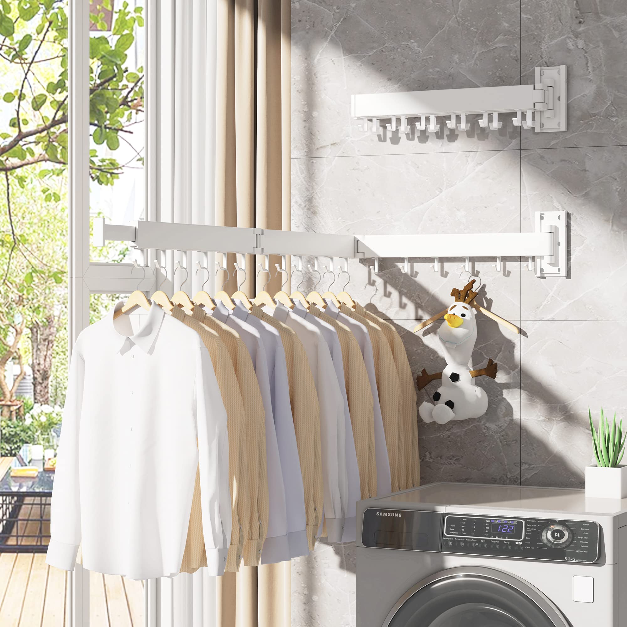 HEILAIYI Clothes Drying Rack for Laundry,Wall Mounted Clothes Hanger Rack,Folding,Retractable,Collapsible(J Shape Hooks)
