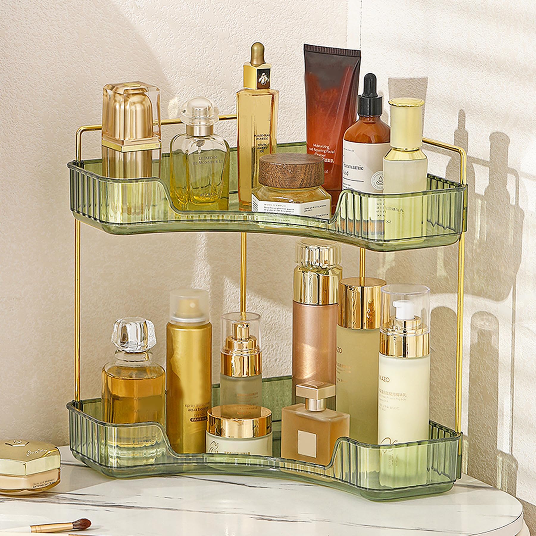 Aveniee Corner Bathroom Counter Organizer, Bathroom Countertop Shelf Makeup Organizer for Vanity Perfume Tray for Corner Storage (2 Tiers, Gold)
