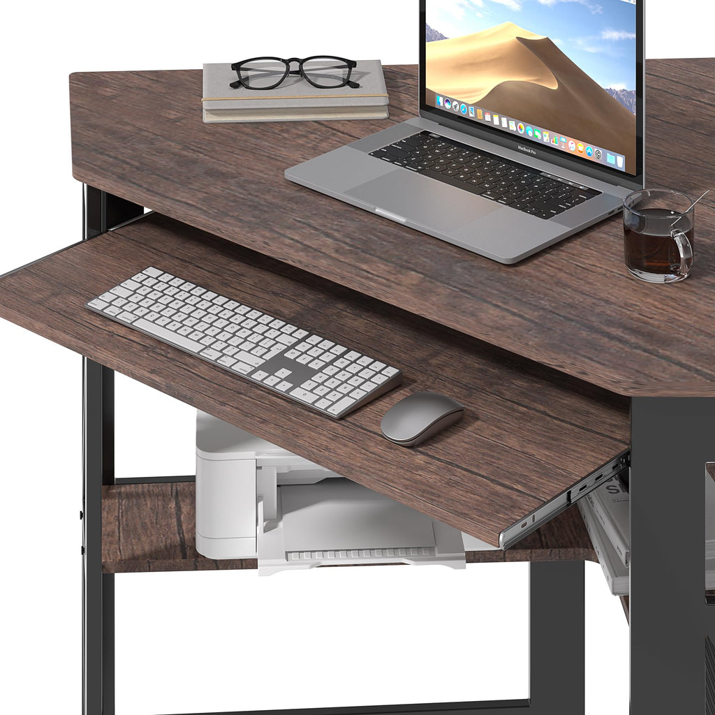 VECELO Corner Desk Computer Desk Writing Table with Smooth Keyboard Tray & Storage Shelves,Compact Home Office Triangle Table,Antique Brown