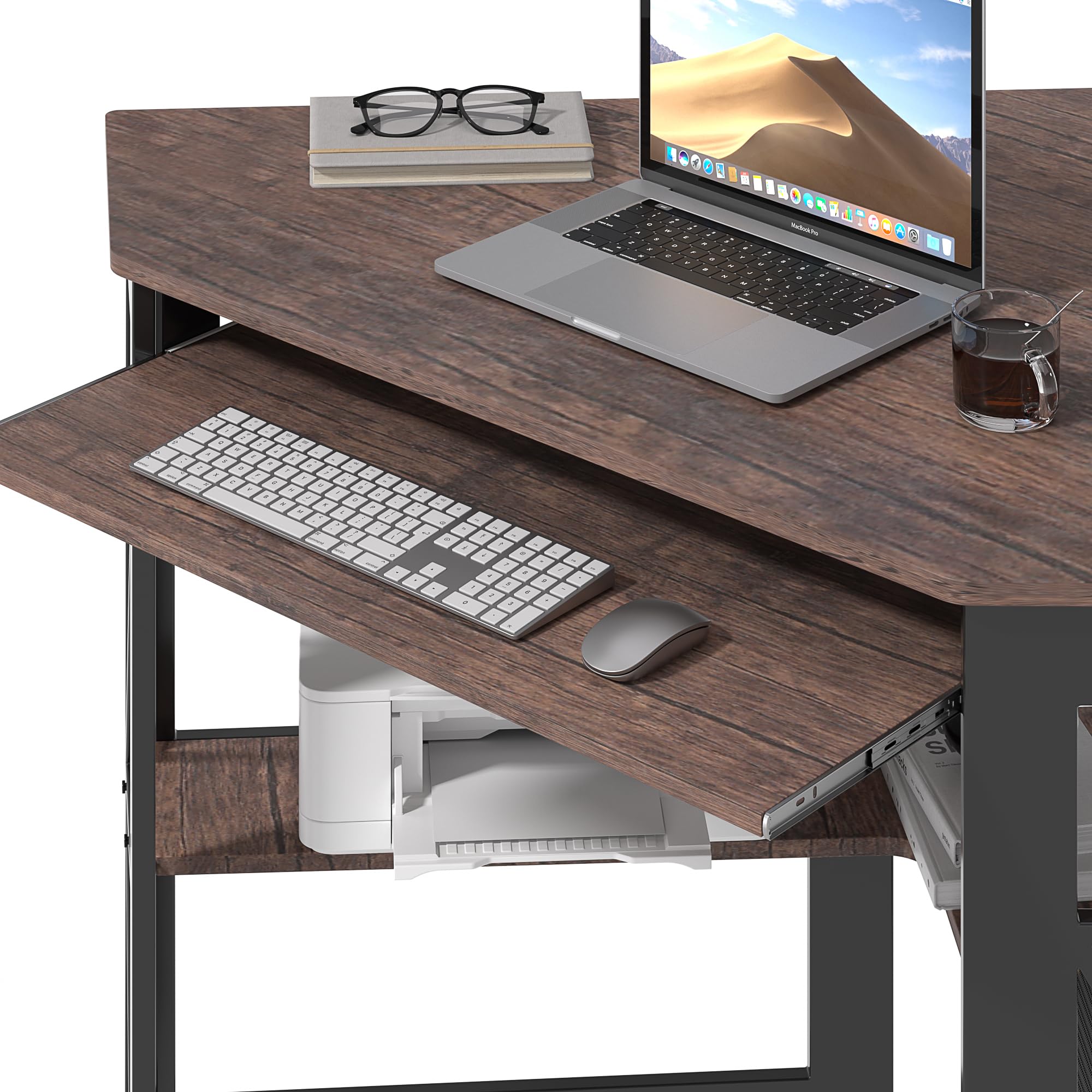 VECELO Corner Desk Computer Desk Writing Table with Smooth Keyboard Tray & Storage Shelves,Compact Home Office Triangle Table,Antique Brown