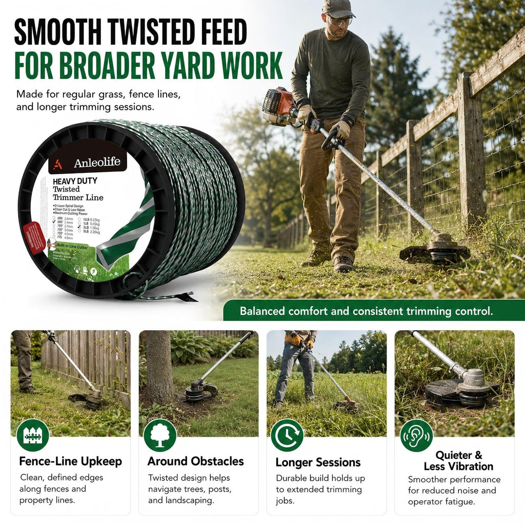 A Anleolife 1-Pound Heavy Duty Sawtooth 140-mil-by-108-ft Dual Core String Serrated Trimmer Line Donut for Walk Behind Wheeled Mowers with Built-in Line Cutter