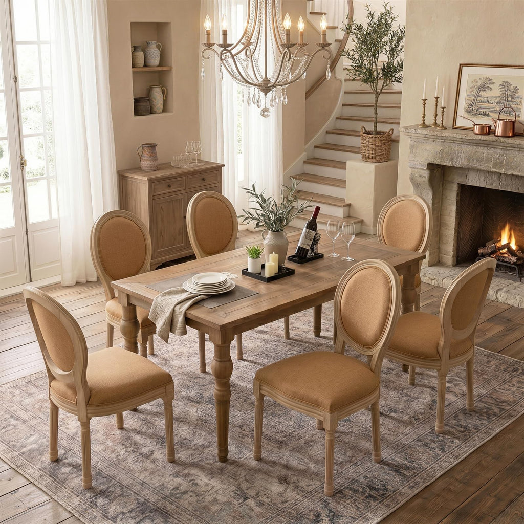 SoarFlash Linen French Dining Chairs Set of 2, Vantage Dining Chair with Round Back, Wood Leg Farmhouse Country Dining Chair for Living Room,Kitchen,Bedroom,Beige