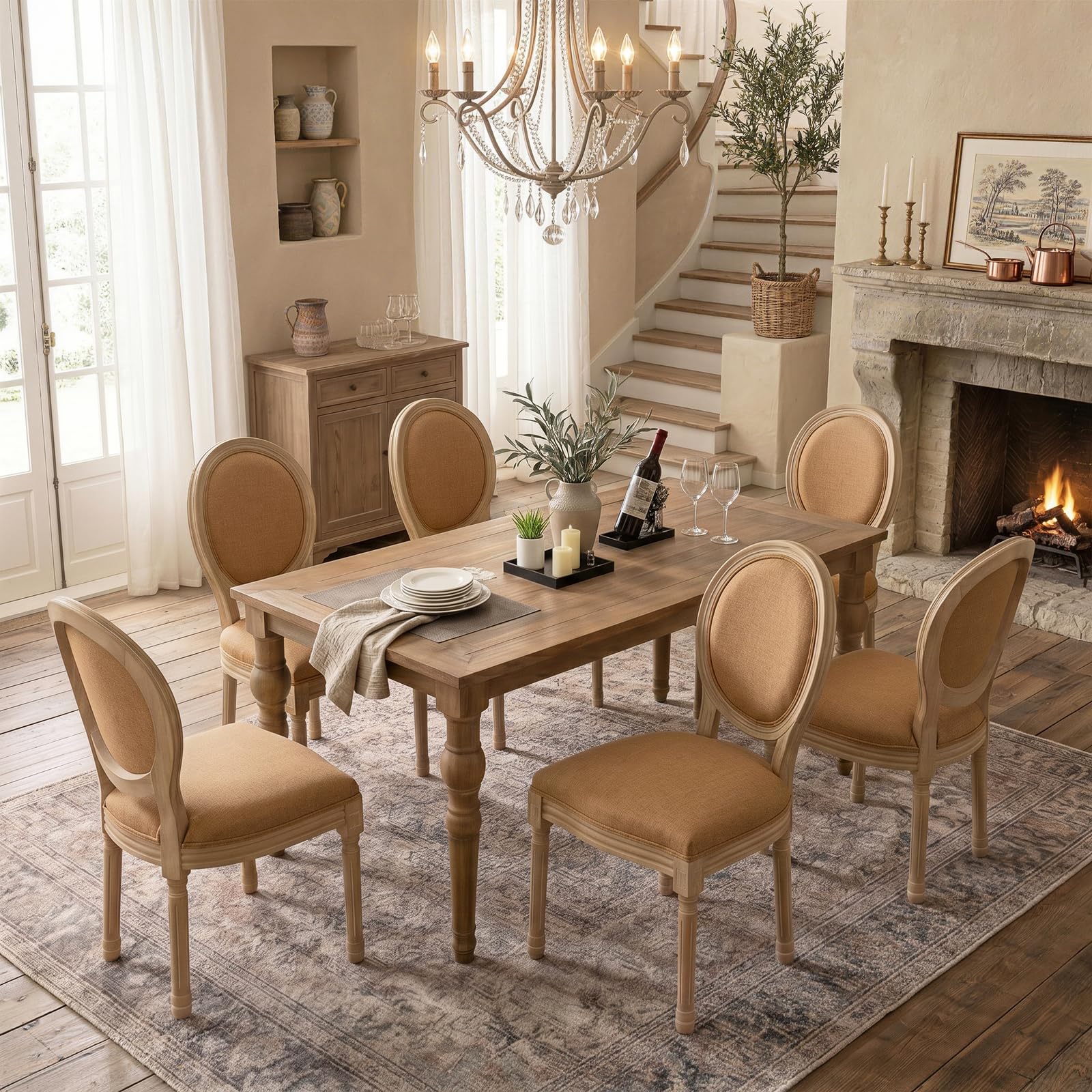 SoarFlash Linen French Dining Chairs Set of 2, Vantage Dining Chair with Round Back, Wood Leg Farmhouse Country Dining Chair for Living Room,Kitchen,Bedroom,Beige