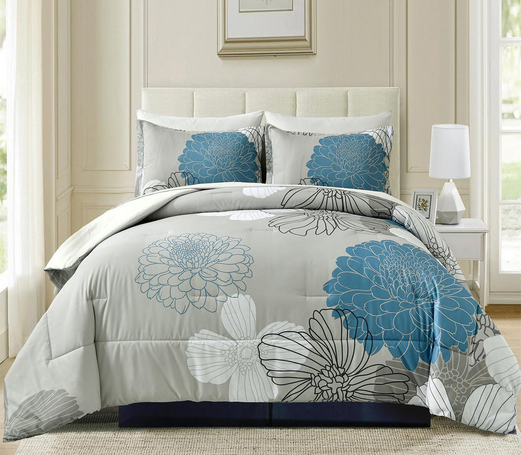 Yiran 7 Pieces Bed in a Bag Blue Floral Comforter Set Queen Size Flowers Comforter Set Soft Microfiber Bedding Set (1 Comforter 1 Flat Sheet 1 Fitted Sheet 2 Pillowshams 2 Pillowcases)