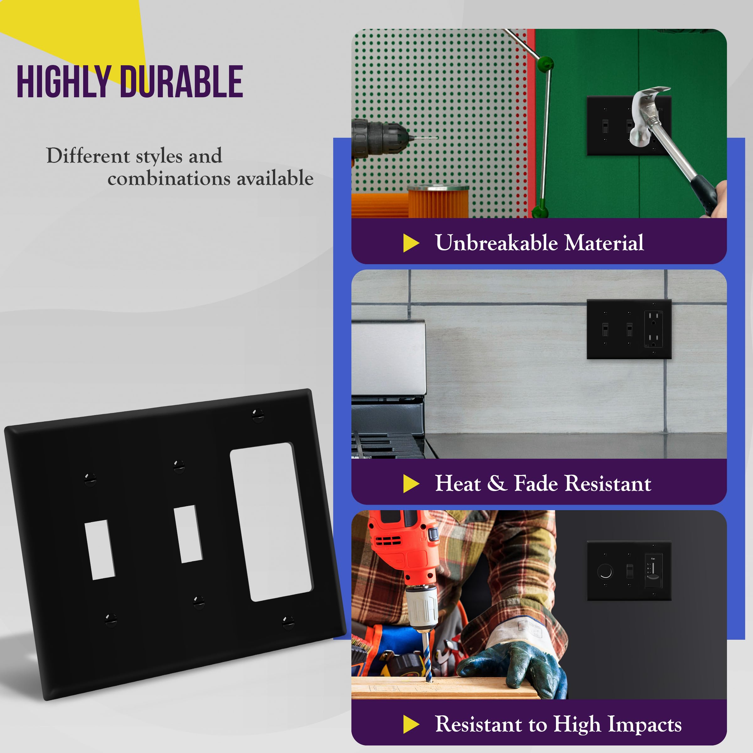 ENERLITES Combination Triple Light Switch Plate, Double Toggle/Single Decorator Switch, Standard Size 3-Gang 4.5" x 6.38", Polycarbonate Thermoplastic, 881231-BK, Black