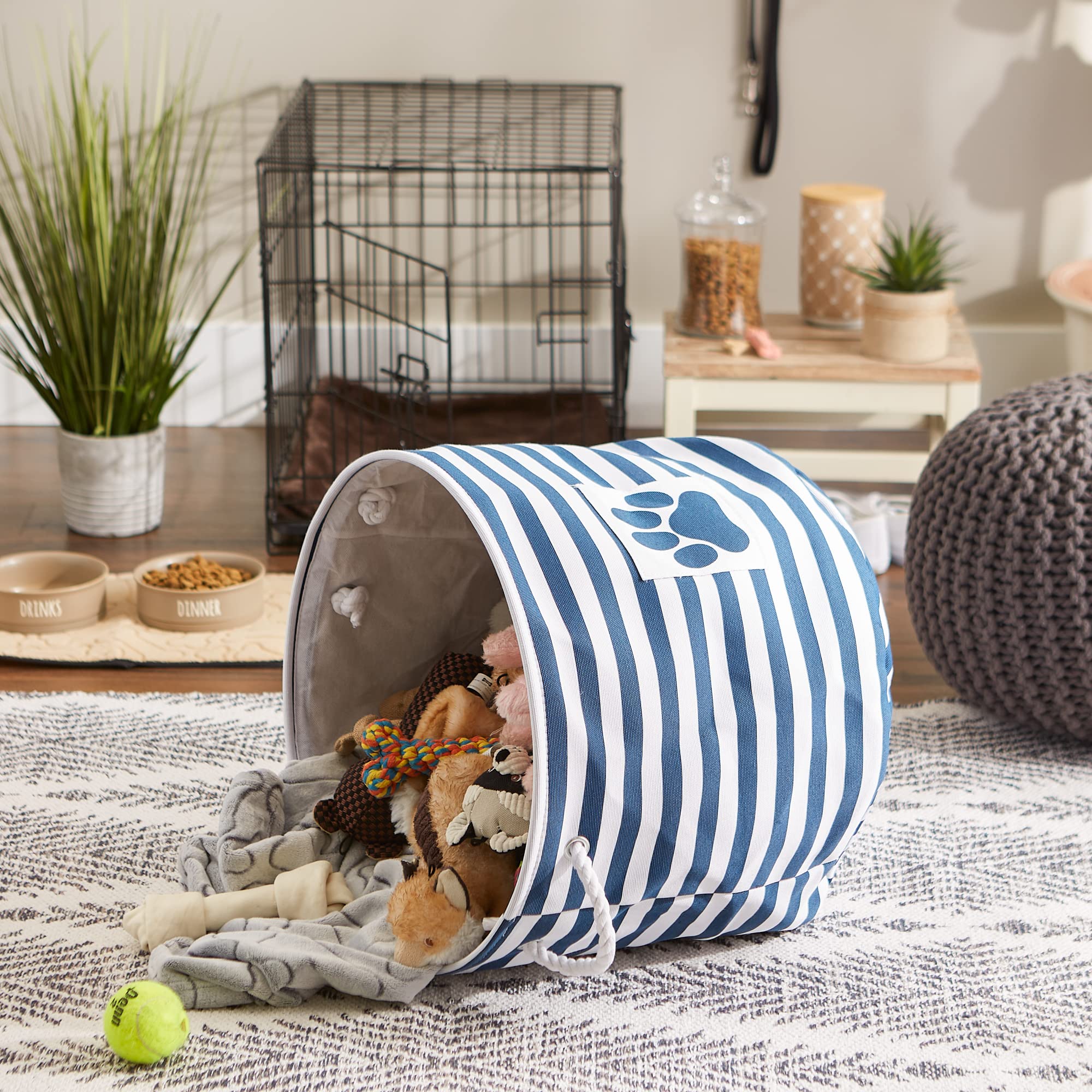 Bone Dry Pet Storage Collection Striped Paw Patch Bin, Aqua, Small Rectangle