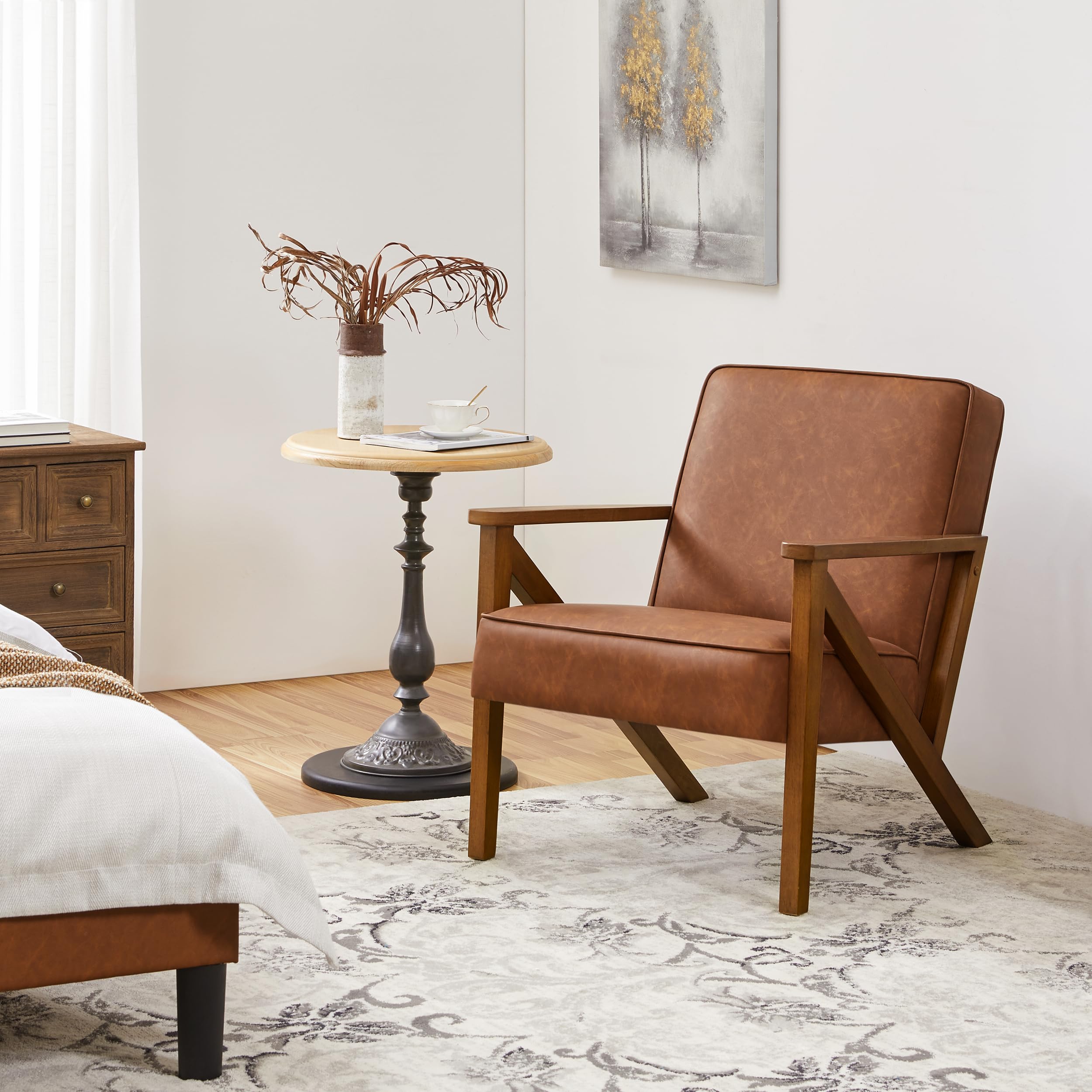 Yaheetech Accent Chair, PU Leather Reading Chair, Mid Century Modern Arm Chair with Solid Wood Frame for Living Room Bedroom Waiting Room, 2 Pieces, Black