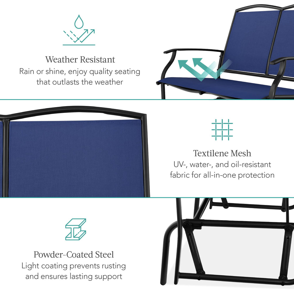 Best Choice Products 2-Person Outdoor Patio Swing Glider Steel Bench Loveseat Rocker for Deck, Porch w/Textilene Fabric, Steel Frame - Black