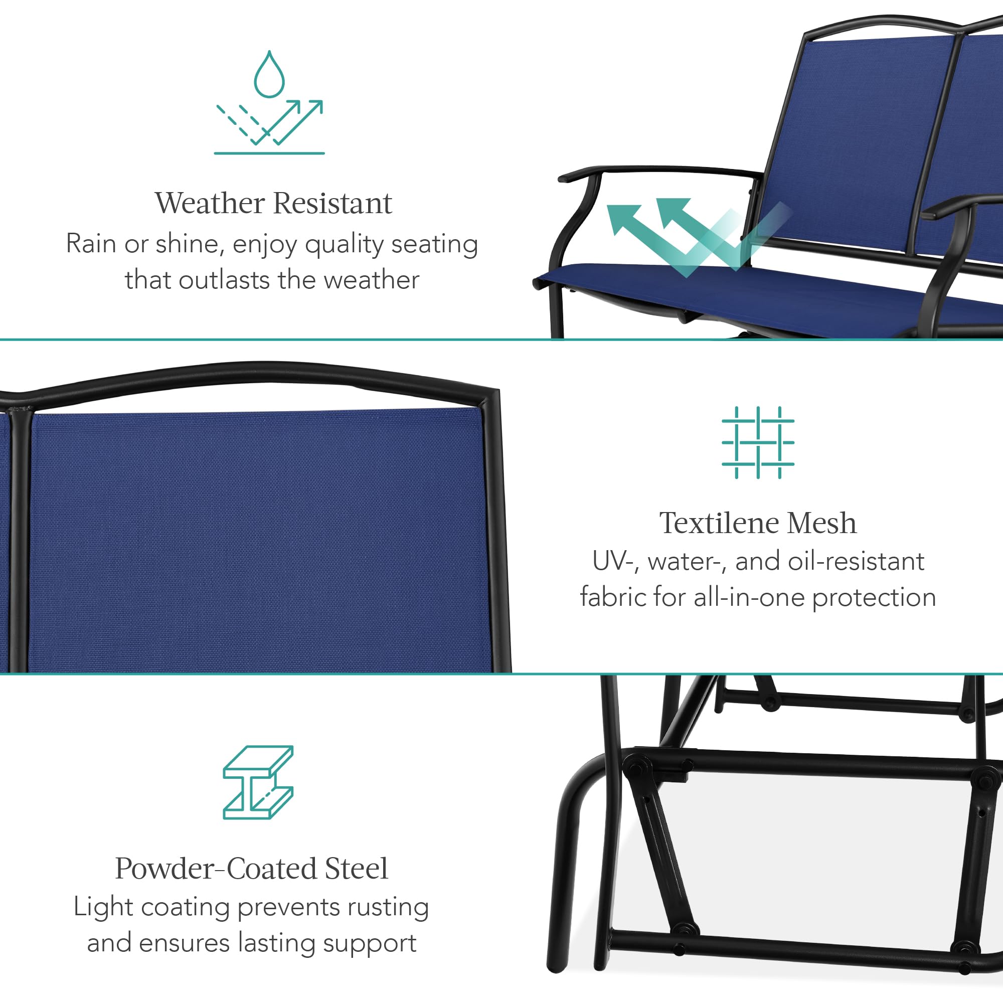 Best Choice Products 2-Person Outdoor Patio Swing Glider Steel Bench Loveseat Rocker for Deck, Porch w/Textilene Fabric, Steel Frame - Black