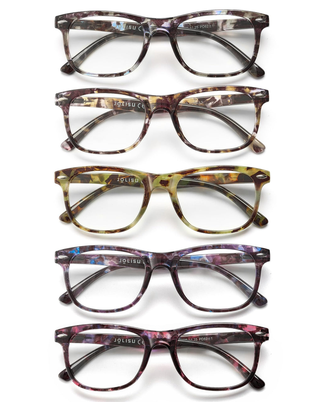 JOLISU Reading Glasses For Women - 5 Pack Stylish Readers For Womens Men Spring Hinge Eyeglasses -Blue Light Blocking Protection Frame (0.50)