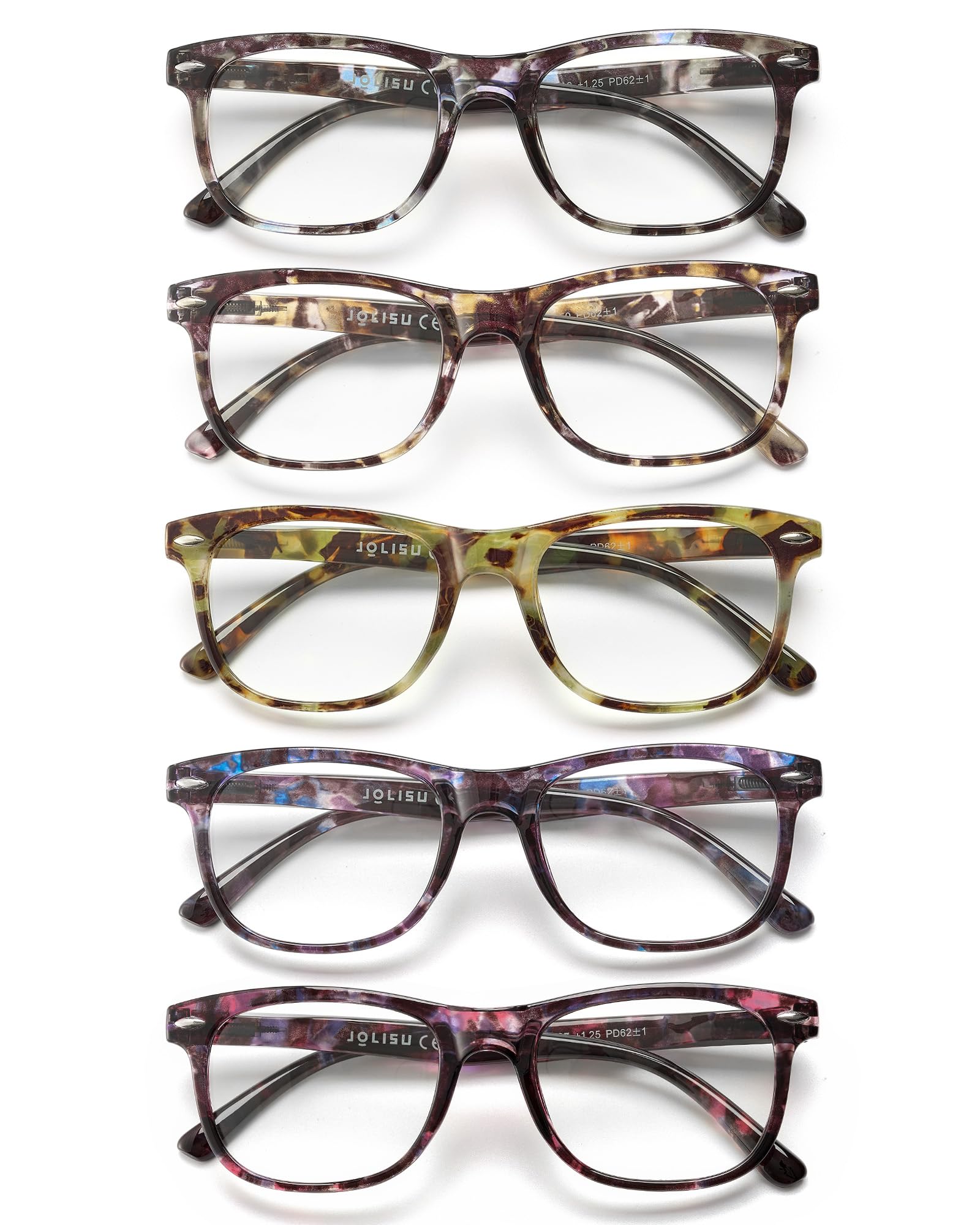 JOLISU Reading Glasses For Women - 5 Pack Stylish Readers For Womens Men Spring Hinge Eyeglasses -Blue Light Blocking Protection Frame (0.50)