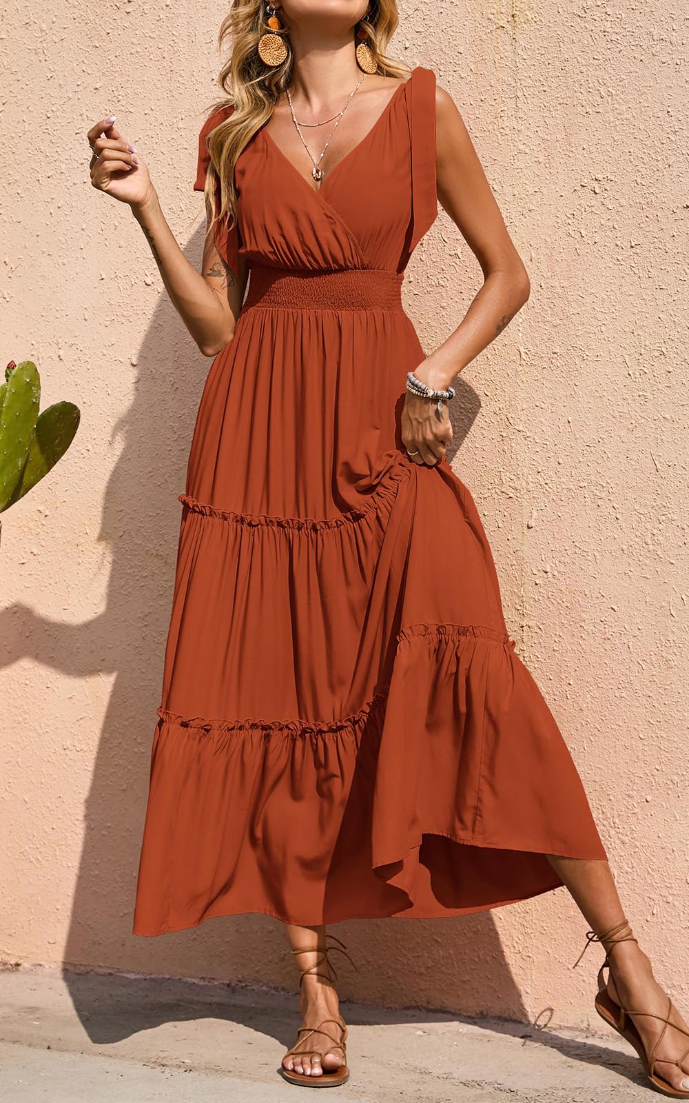 PRETTYGARDEN Women's Cross Neck Summer Sleeveless Tiered Maxi Dress Beach Tie Strap Smocked Long Dresses Pleated Sundress