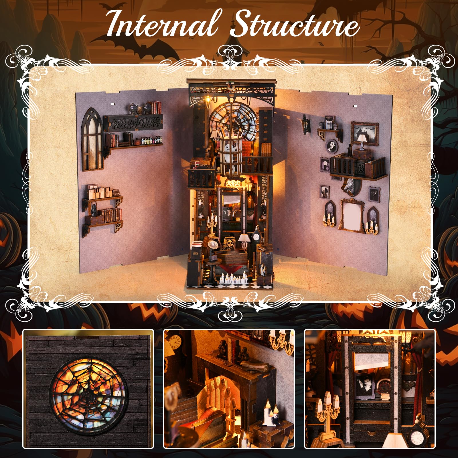 TOYQI DIY Book Nook Kit, Miniature House Dollhouse Kit for Adult and Teens, Book Nook Kits for Adults, Booknook Bookend Alley Model Build, Gifts for Family Friends - Spooky Horror Creepy Haunted House