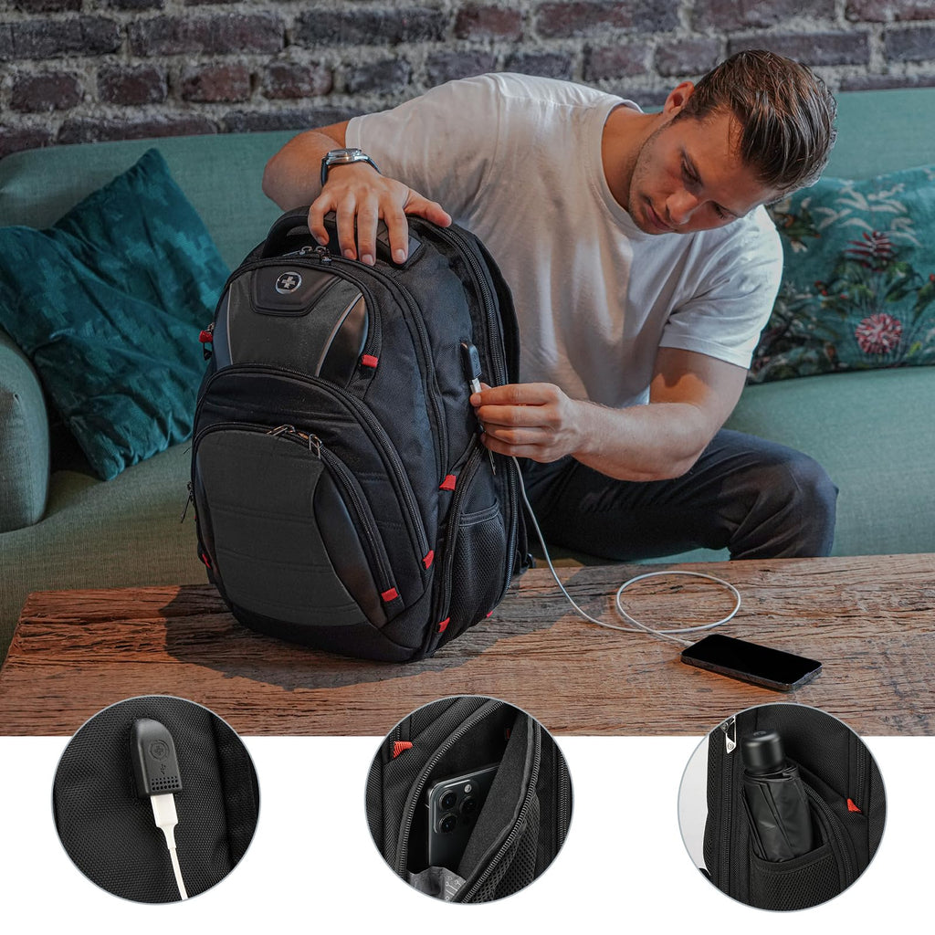 Swissdigital Design Travel Backpack for Women or Men, TSA Friendly USB Charging RFID Protection Business Carry on Bag Fits 15.6" Laptop Backpack Black | J14-BR