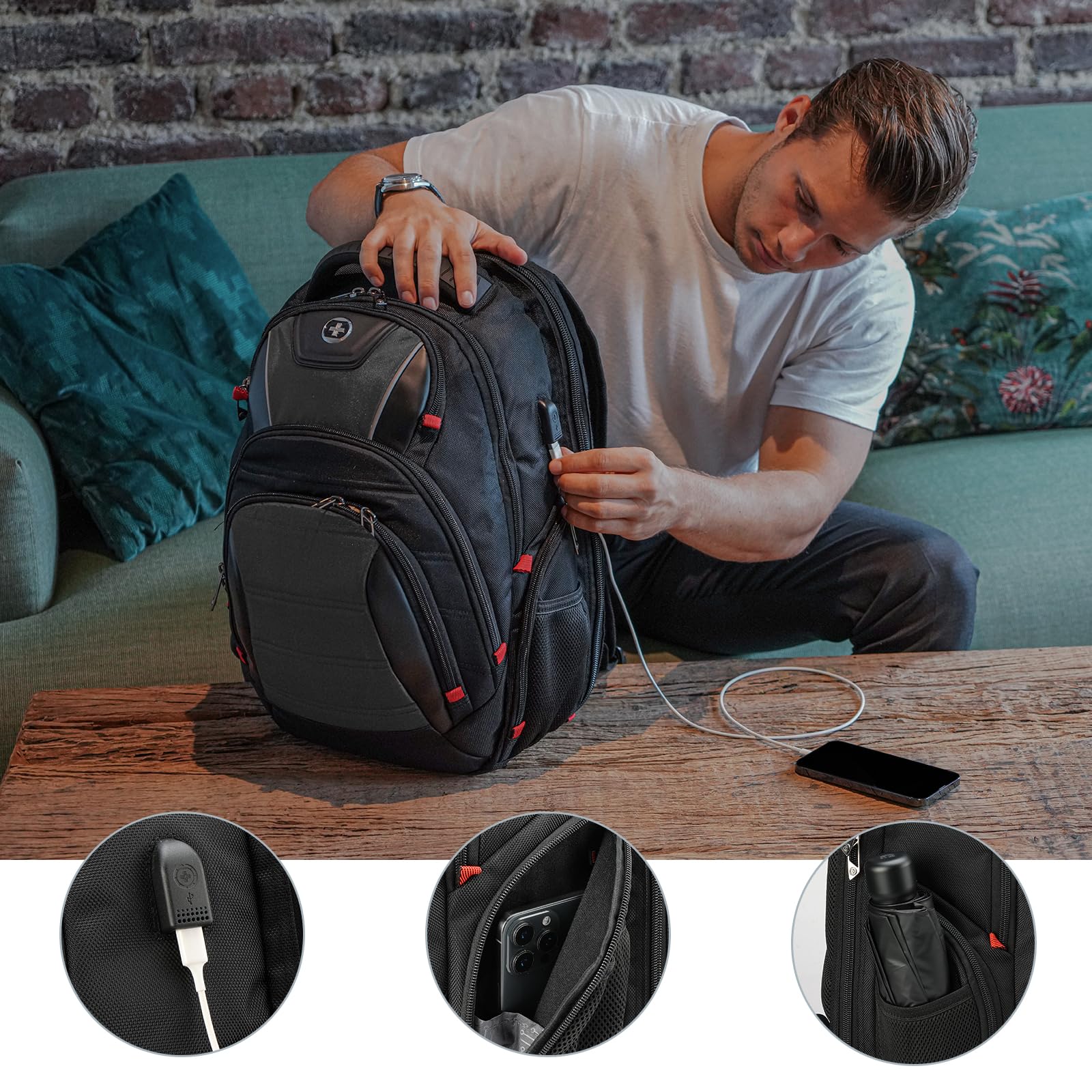 Swissdigital Design Travel Backpack for Women or Men, TSA Friendly USB Charging RFID Protection Business Carry on Bag Fits 15.6" Laptop Backpack Black | J14-BR