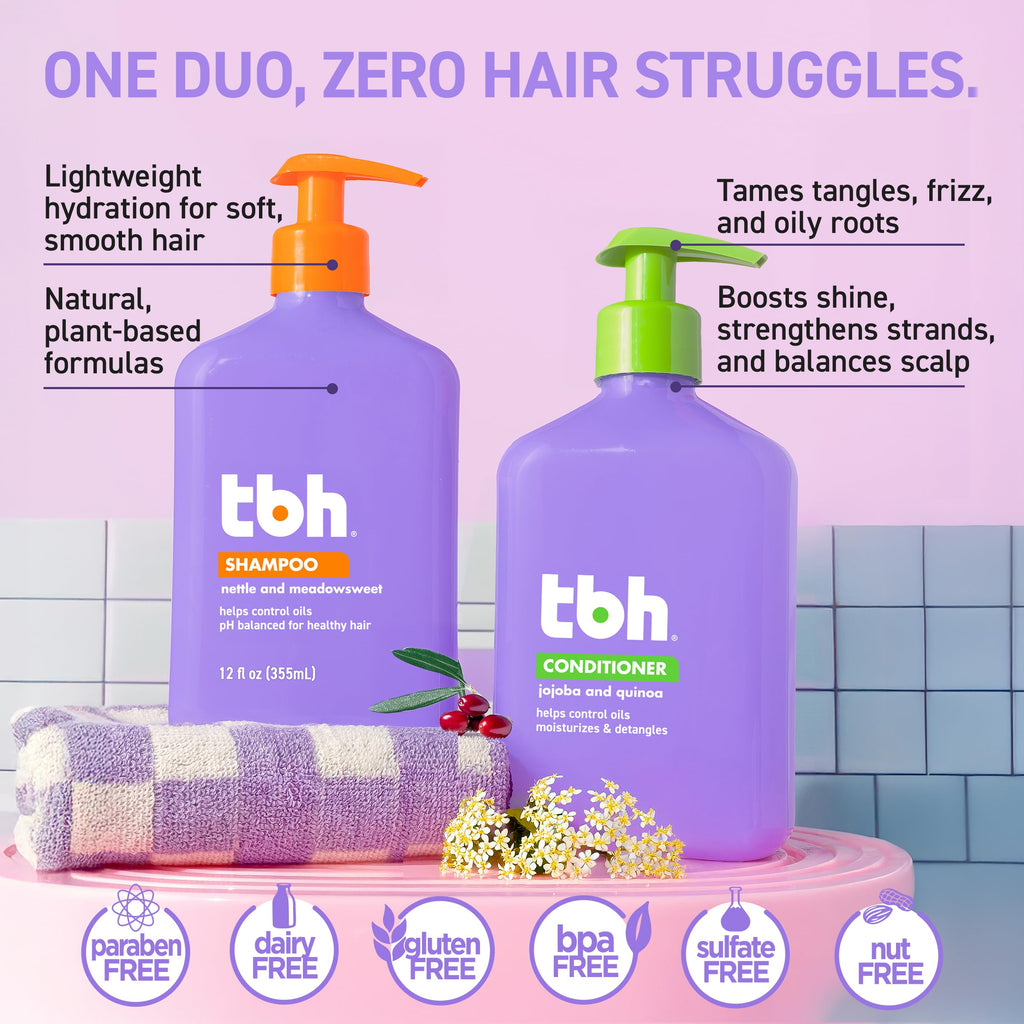 TBH Kids & Teen Shampoo and Conditioner Set – Sulfate & Paraben Free, Lightweight & Hydrating Hair Care for All Hair Types – 2-Pack, 12 oz Each