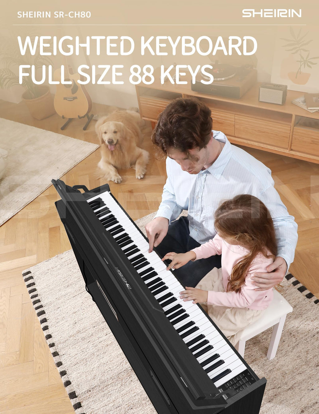 Digital Piano Hammer Action Keyboard 88 Keys Upright Acoustic Electric Weighted Piano Beginner MIDI Cover Full Size Sustain Pedal Stand Real Professional SR-FH80 (Beige Full Cover)