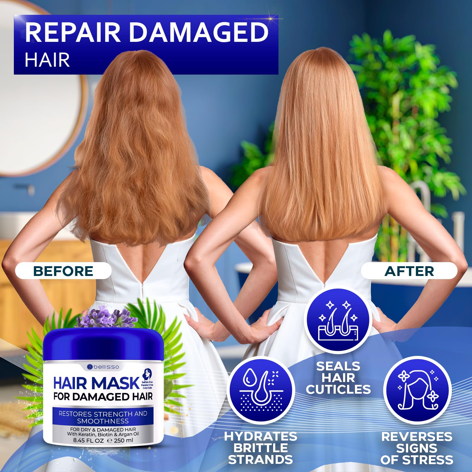 Apple Cider Vinegar Deep Conditioning Mask - Treatment for Dry Damaged Hair and Split End Repair - Sulfate Free Formula with Collagen, Keratin and Argan Oil - For Flaky Scalp and Dandruff Relief