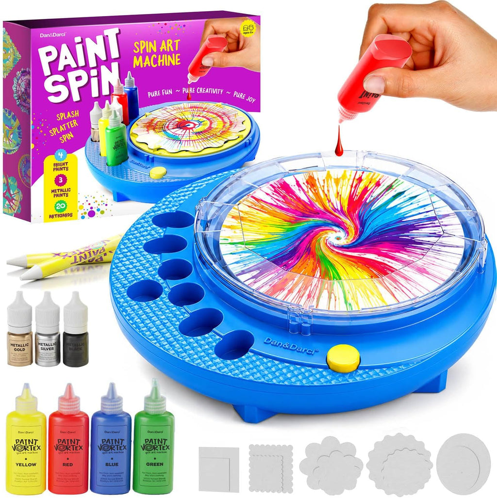 Dan&Darci Paint Vortex Spin Art Machine - Kids Art Kit for Boys & Girls Ages 6+, Motorized Spinner with Splash Guard, Metallic Paints & 20 Artboards - Birthday Gifts for Girls - Craft Kit