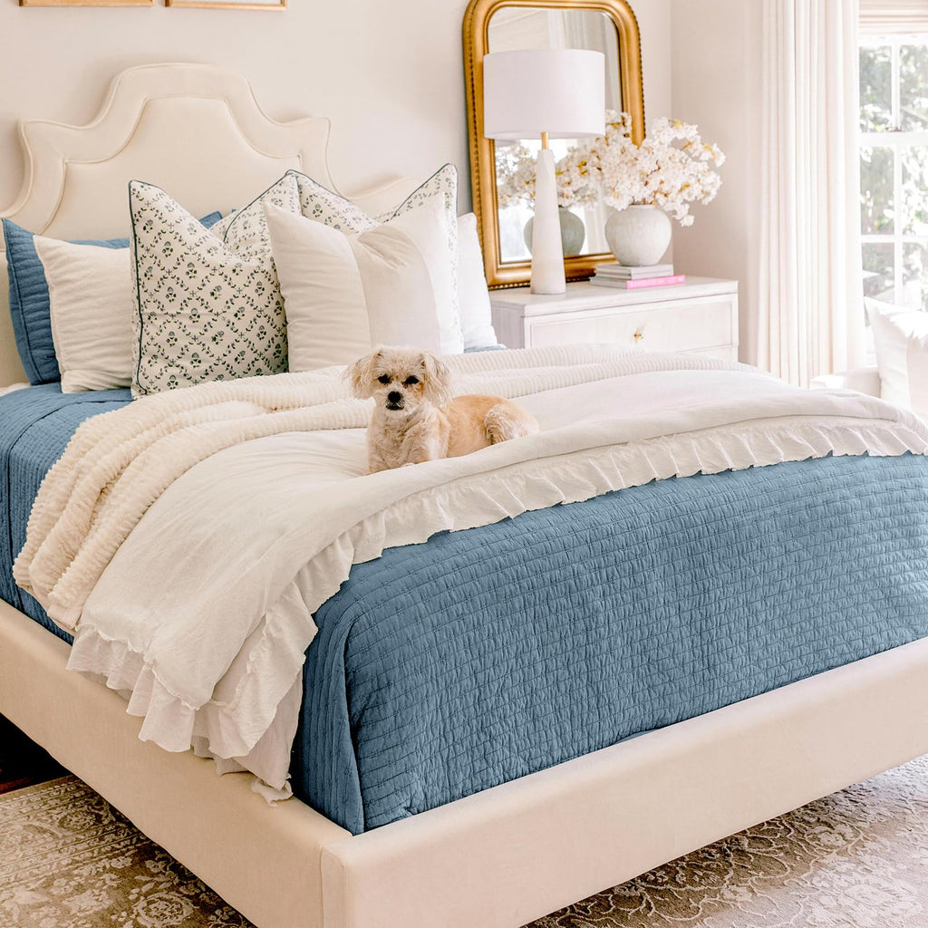 EVERGRACE Cotton Border Frame Tack-Stitch Quilt Bedding Set Queen Size, Coastal Oversized 3 Pieces Lightweight Bedspread Coverlet for All Season, with 2 Matching Shams, Blue Linen