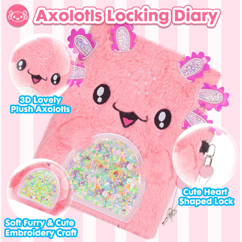 Axolotl Diary for Girls with Lock, Plush Axolotl Toys Gift for Teen Girls, Kids Writing Journal Notebook, Birthday Gifts for Little Girls Ages 5 6 7 8 9 10-12 Year Old