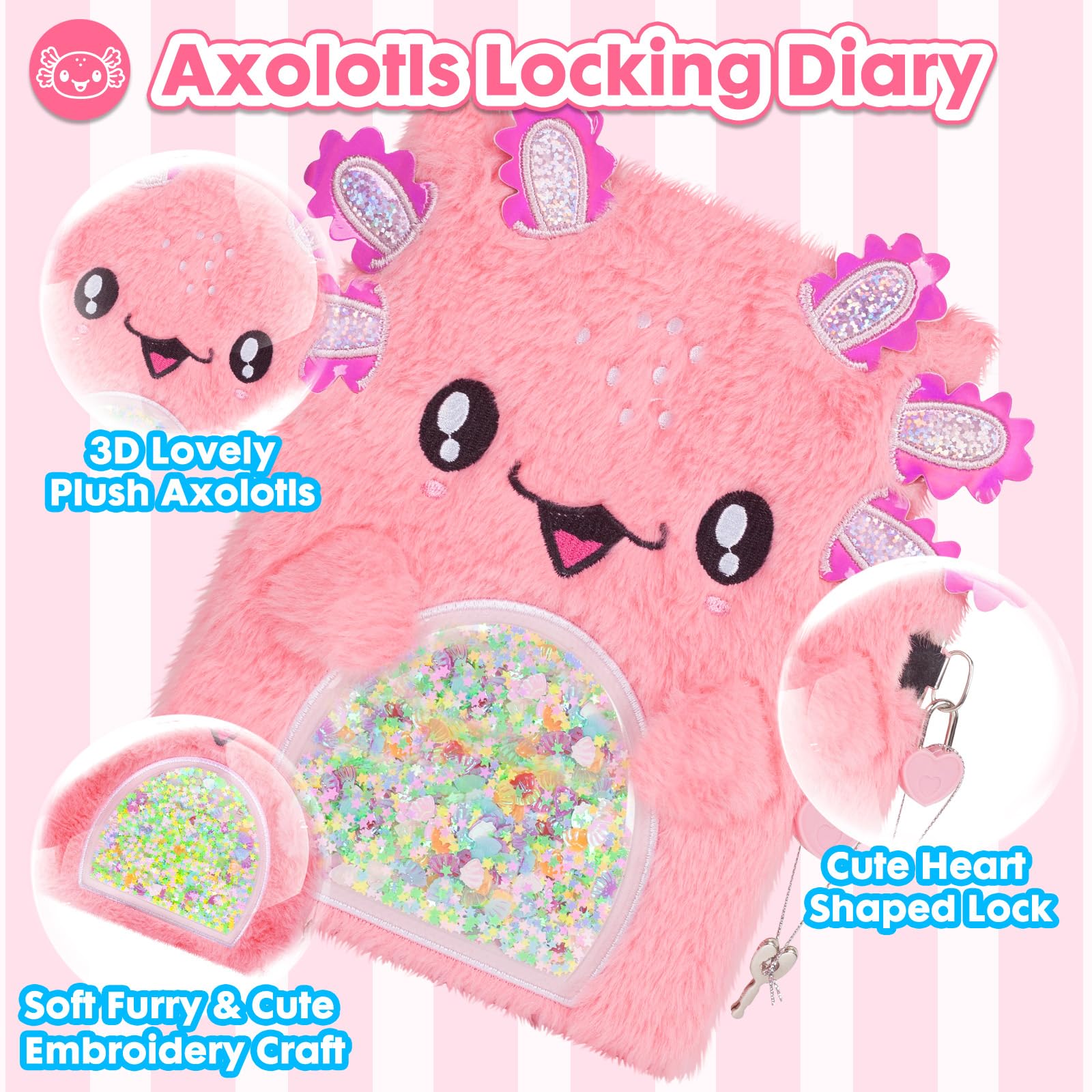 Axolotl Diary for Girls with Lock, Plush Axolotl Toys Gift for Teen Girls, Kids Writing Journal Notebook, Birthday Gifts for Little Girls Ages 5 6 7 8 9 10-12 Year Old