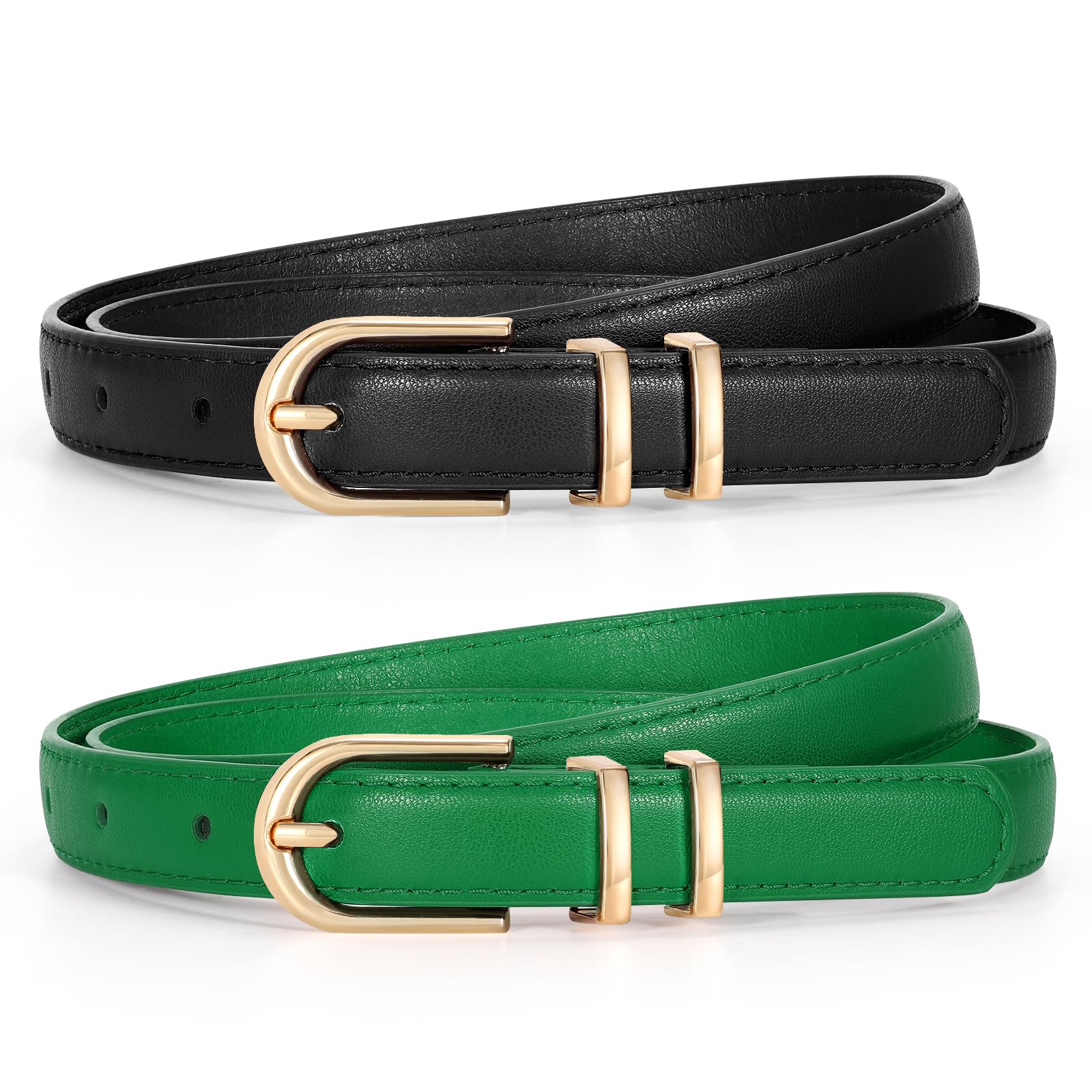 TRIWORKS 2 Pack Women Skinny Leather Belts for Jeans Pants Thin Faux Leather Belt with Gold Buckle