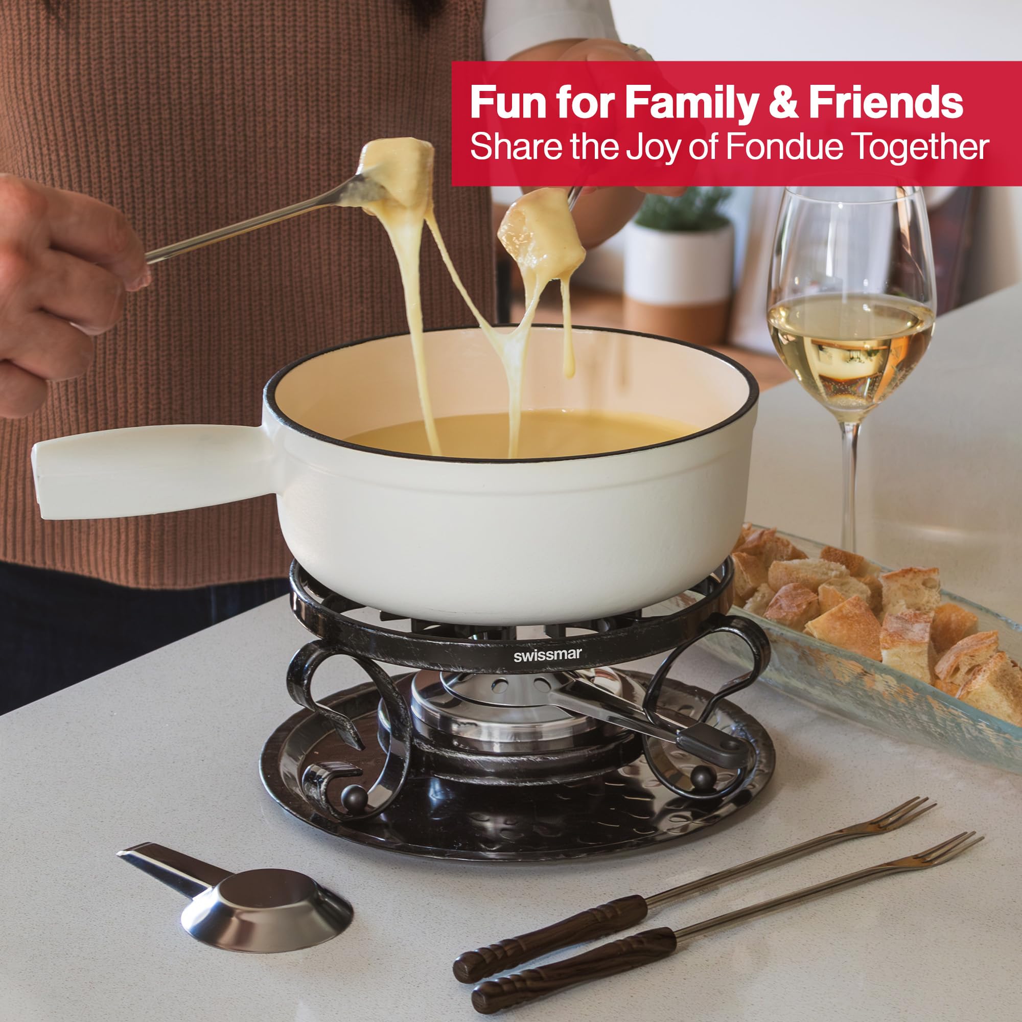 Swissmar Lugano Cast Iron Cheese Fondue Set, 9-Piece, 2 QT / 2 L - Ideal for Melting Cheese, Chocolates, Caramel, & More - Perfect for Kitchen Collection & Gift Giving - Matte Black