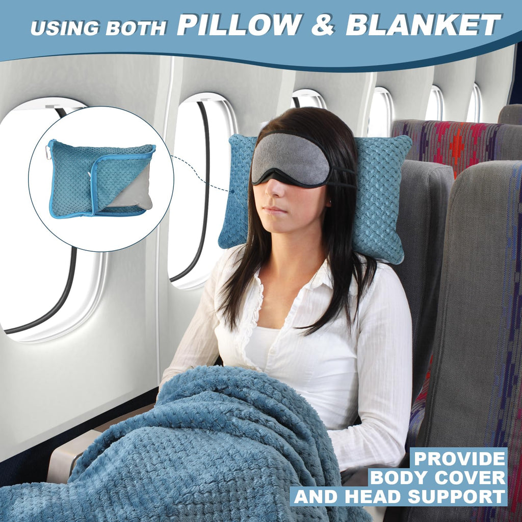 Travel Blanket Airplane Compact with Bag, Travel Essentials 3 in 1 Packable Airplane Blanket, Travel Pillow and Blanket Set, Inflatable Pillow, Luggage Sleeve & Backpack Clip (Camel)