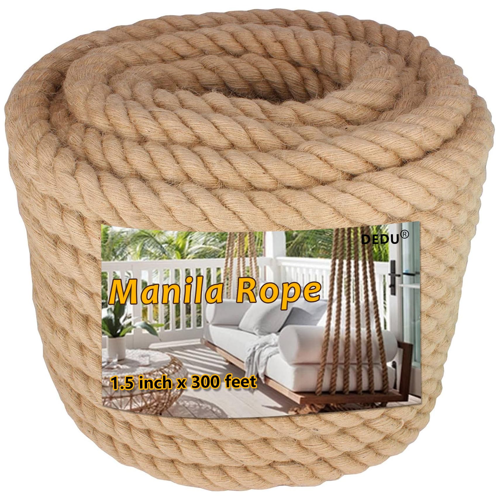Manila Rope 2 Inch X 50 Ft, Thick Hemp Rope 4 Strand Twisted, Natural Hemp for Crafts Heavy Duty Multipurpose for Swing Bed, Camping, Tug of War, Docks, DIY Projects.
