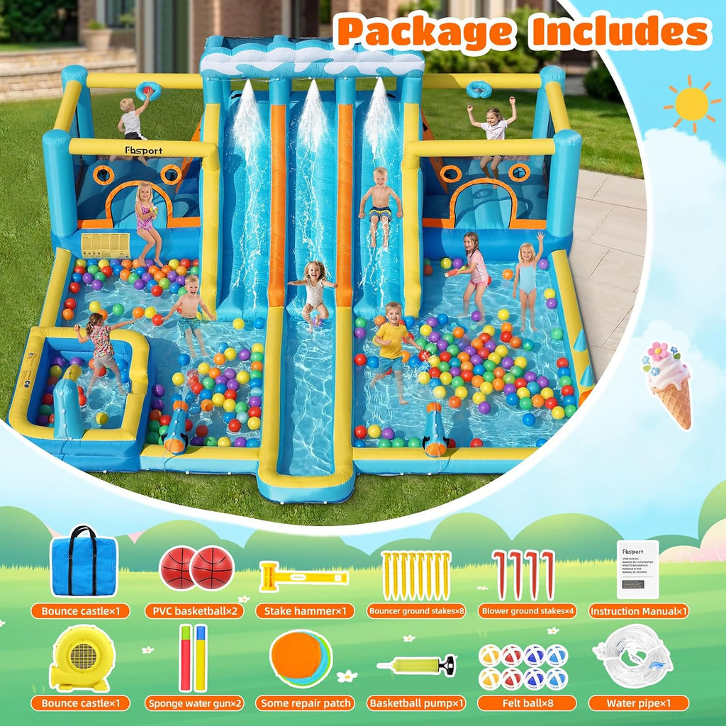 FBSPORT Inflatable Bounce House Water Slide, 3 Slides & 2 Bouncers 10-in-1 Water Slide Park Bounce House with 950W Blower, Bouncy Castle for Kids Backyard Party Outdoor, with Water Gun, Splash Pool