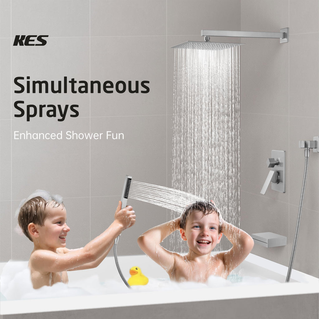 KES Tub and Shower Faucet Set Shower System with 10-Inch Rain Shower Head and Waterfall Tub Faucet Wall Mount Shower Valve and Trim Kit Included Matte Black, XB6240-BK