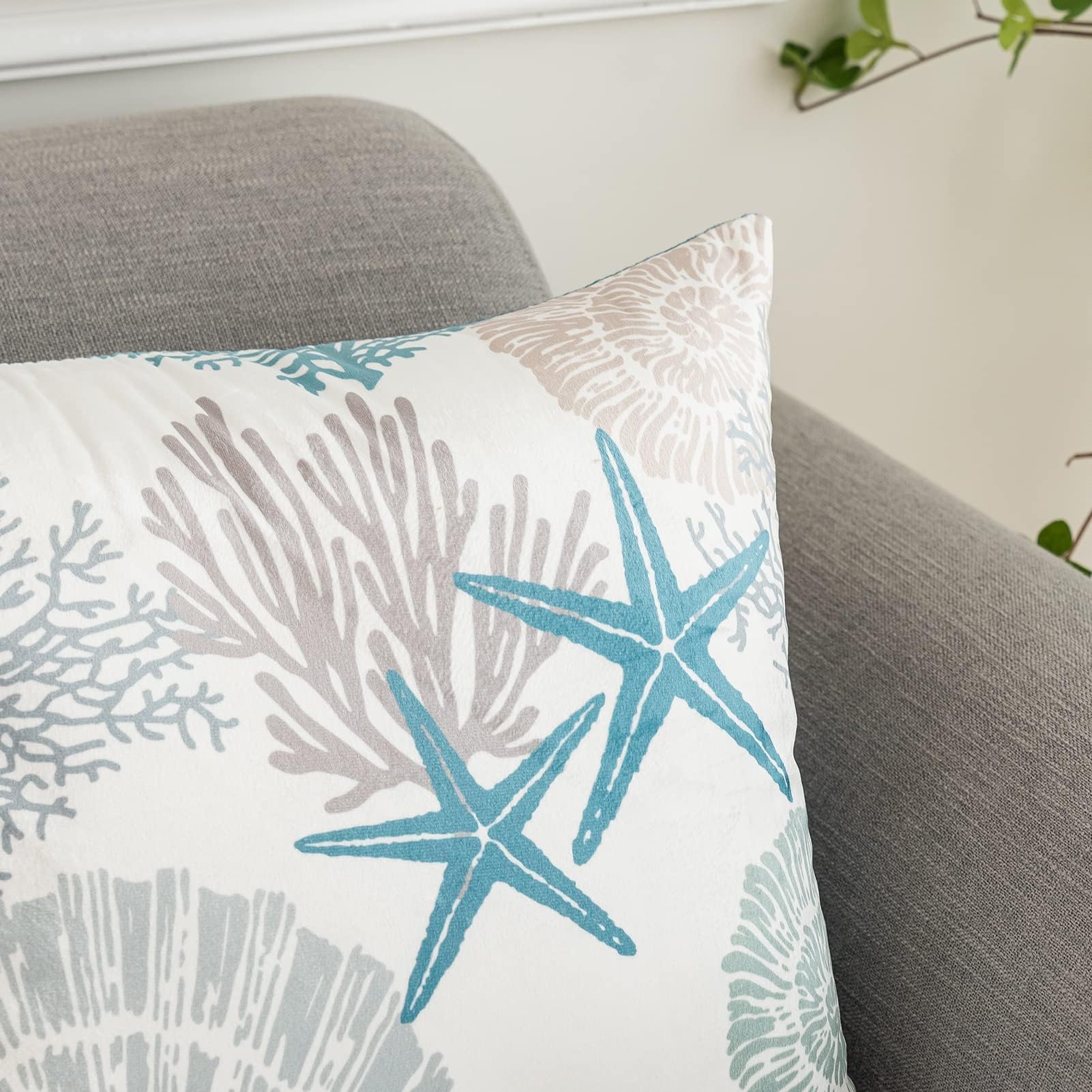 Tritard Nautical Coastal Throw Pillow Covers 16x16 Set of 2 Beach Themed Ocean Seashell Coral Starfish Velvet Couch Decorative Pillow Cases Outdoor Sofa Cushion Cover for Bedroom Living Room, Blue