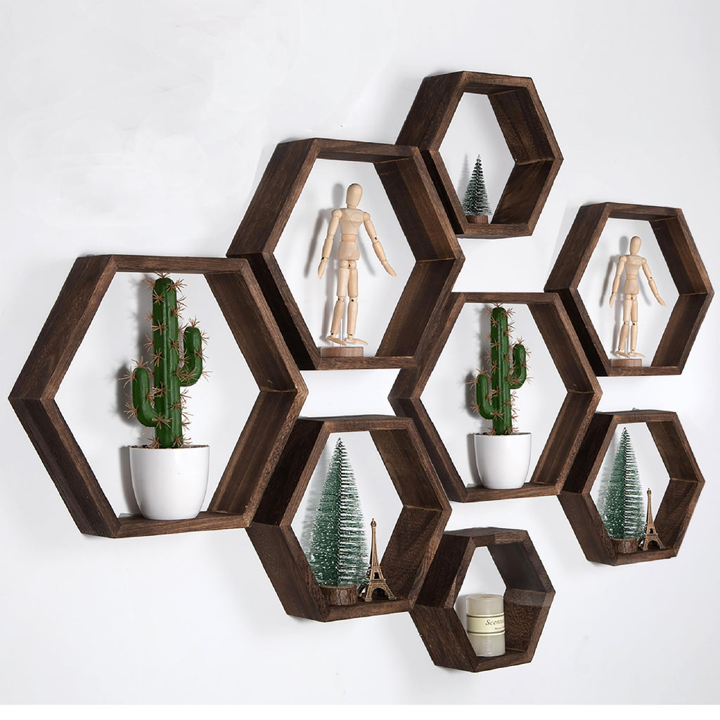 WONFUlity Hexagon Shelves for Wall Mounted, Wood Farmhouse Storage Honeycomb Floating Shelves for Wall Decor,Screws Anchors Included,5pc