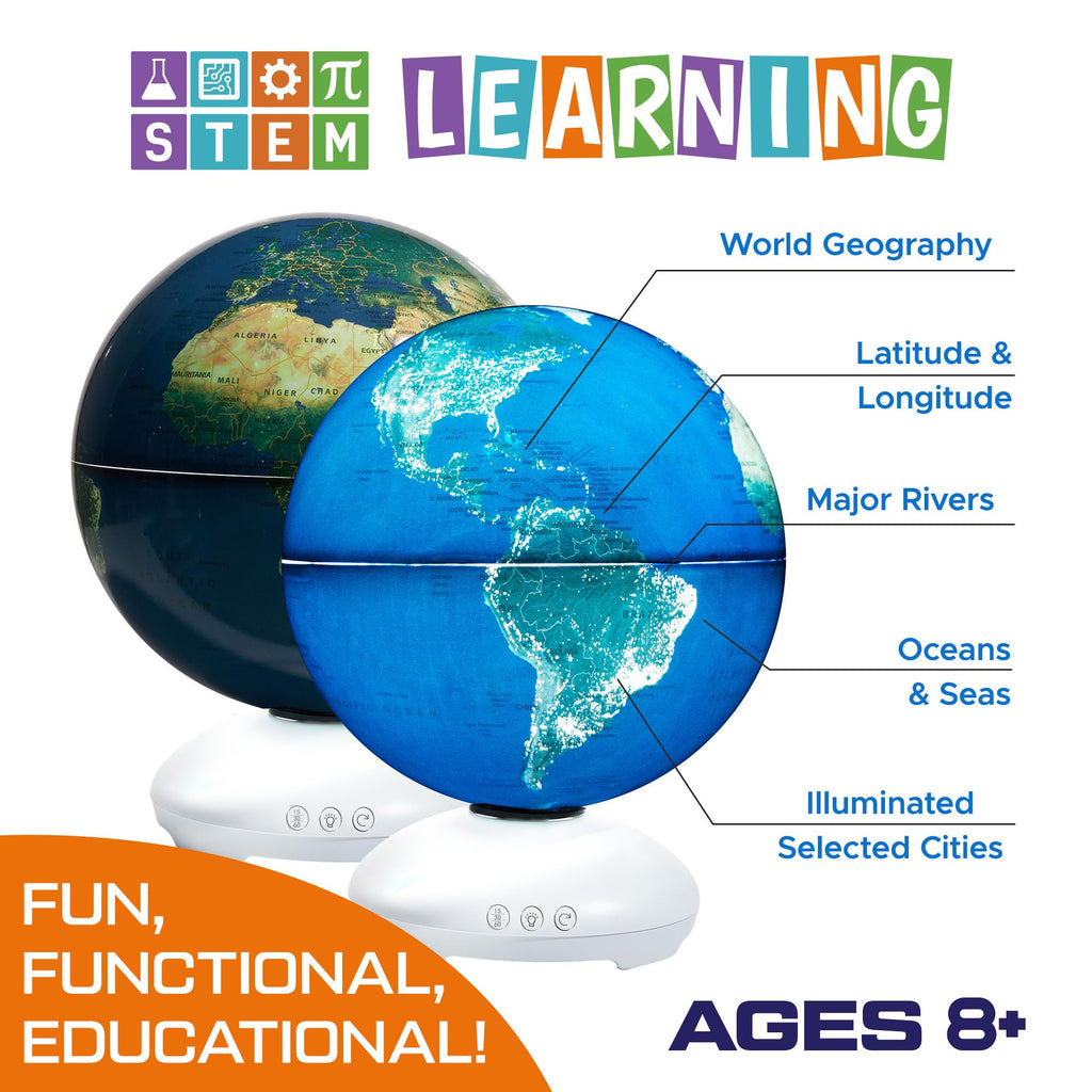USA Toyz Illuminated Globe for Kids Learning- 3-in-1 STEM Globes of the World with Stand, Constellation Map, Built-in LED Night Light Desk Globe Lamp, Non-Tip Metal Base, 9.75” Tall, 7 Inch Diameter